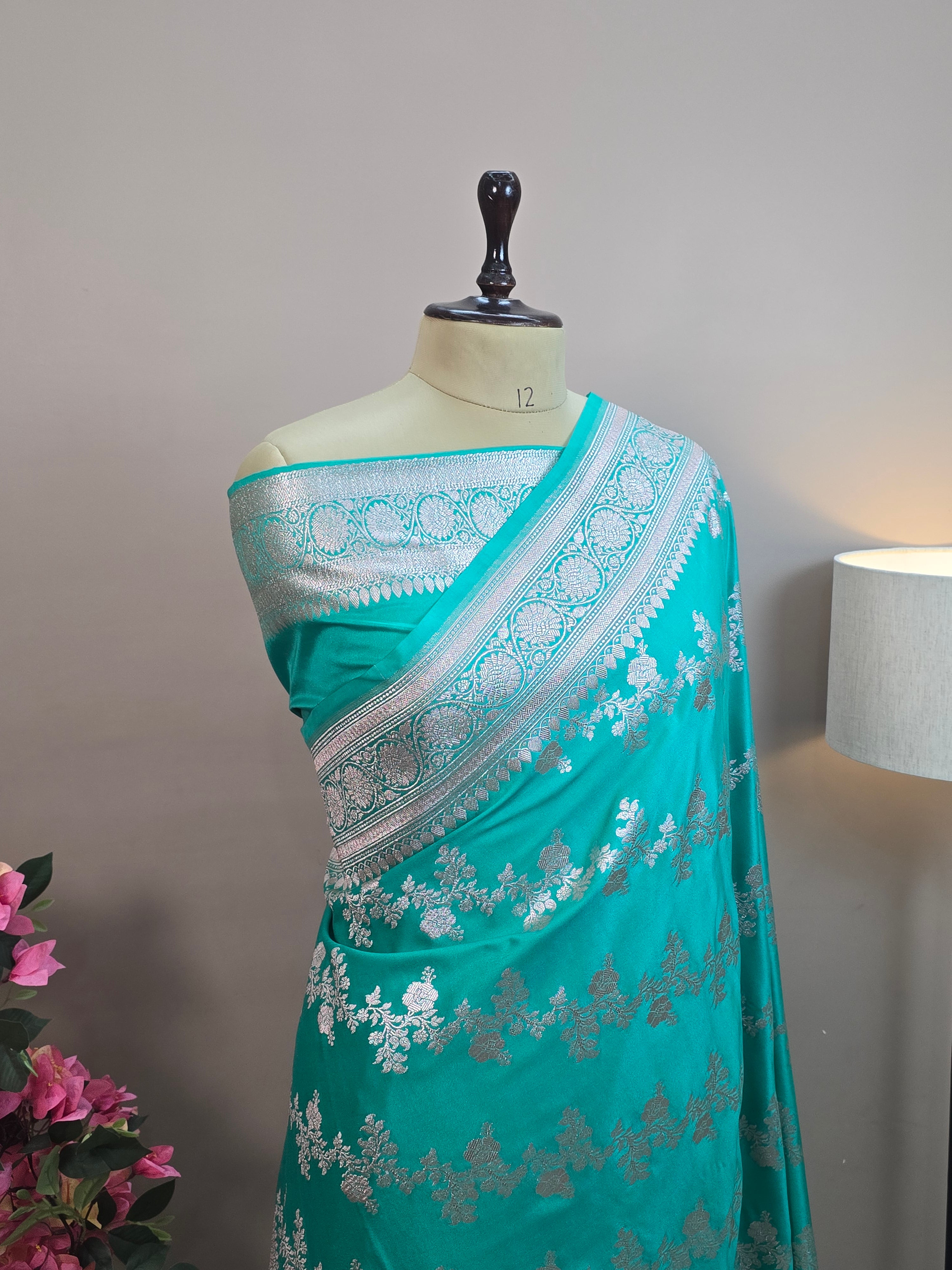 Mashru Katan Silk Banarasi Saree – Sea Green Body with All Over Silver Zari Jaal