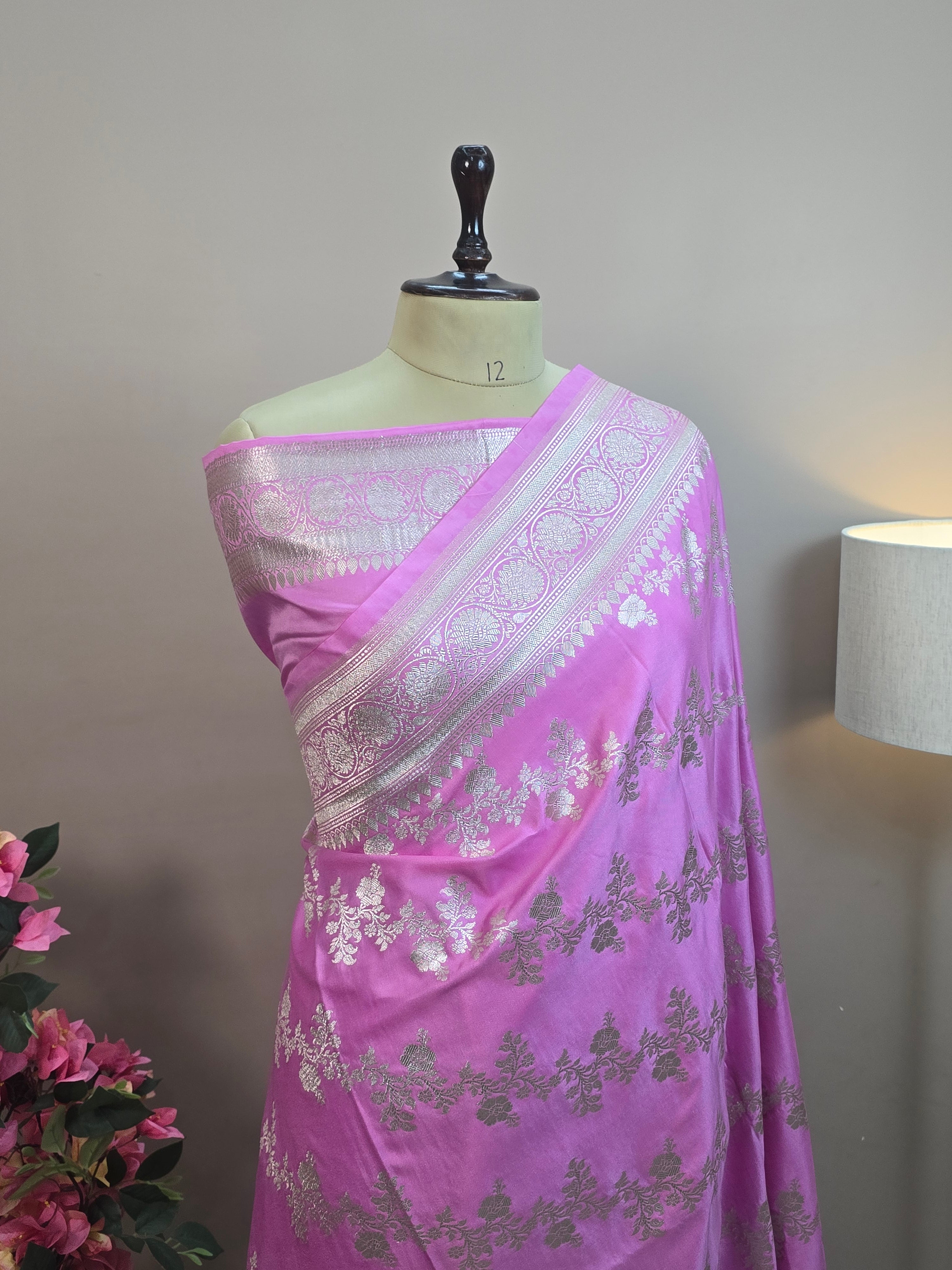 Mashru Katan Silk Banarasi Saree – Baby Pink Body with All Over Silver Zari Jaal