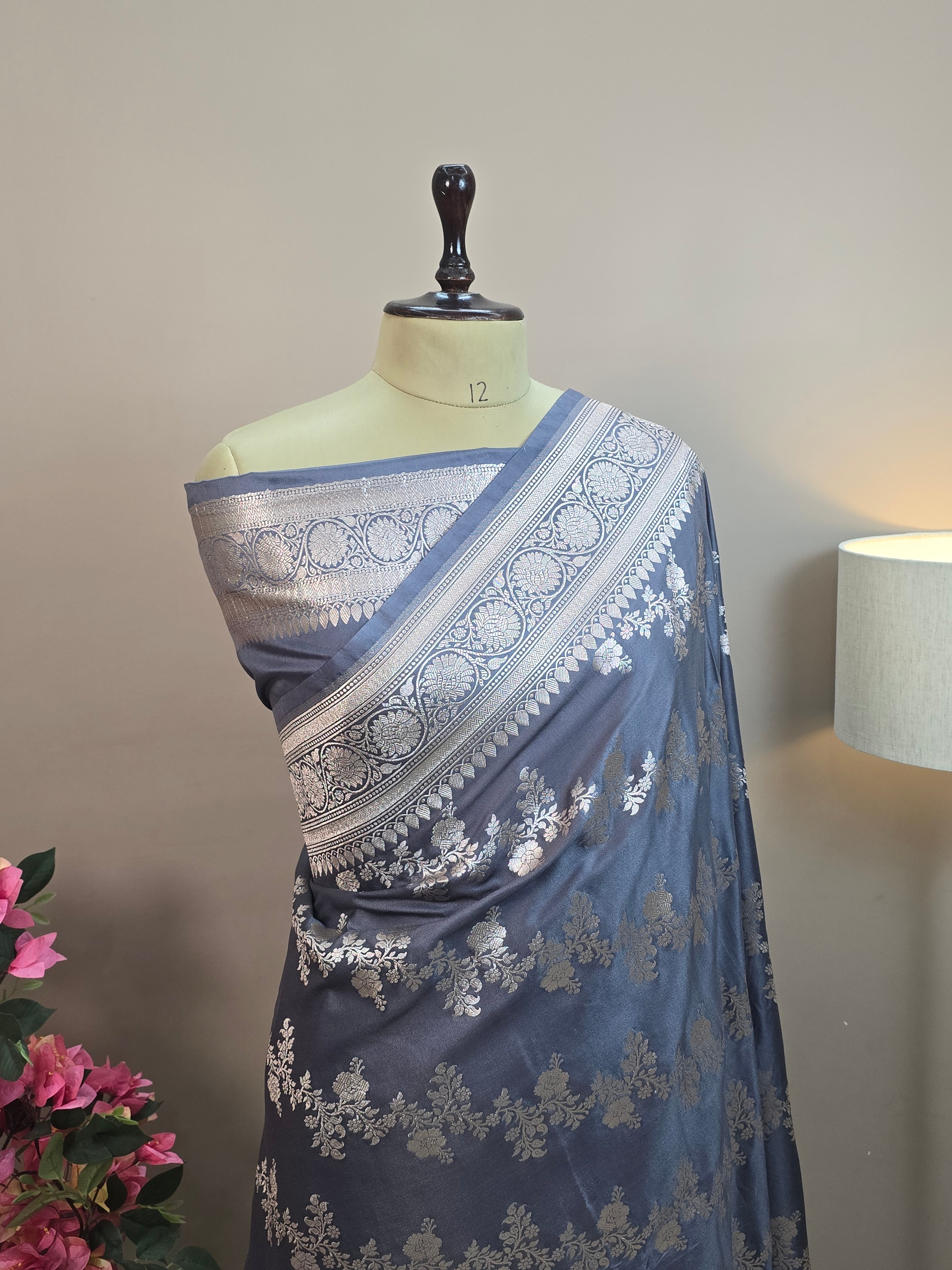 Mashru Katan Silk Banarasi Saree – Grey Body with All Over Silver Zari Jaal