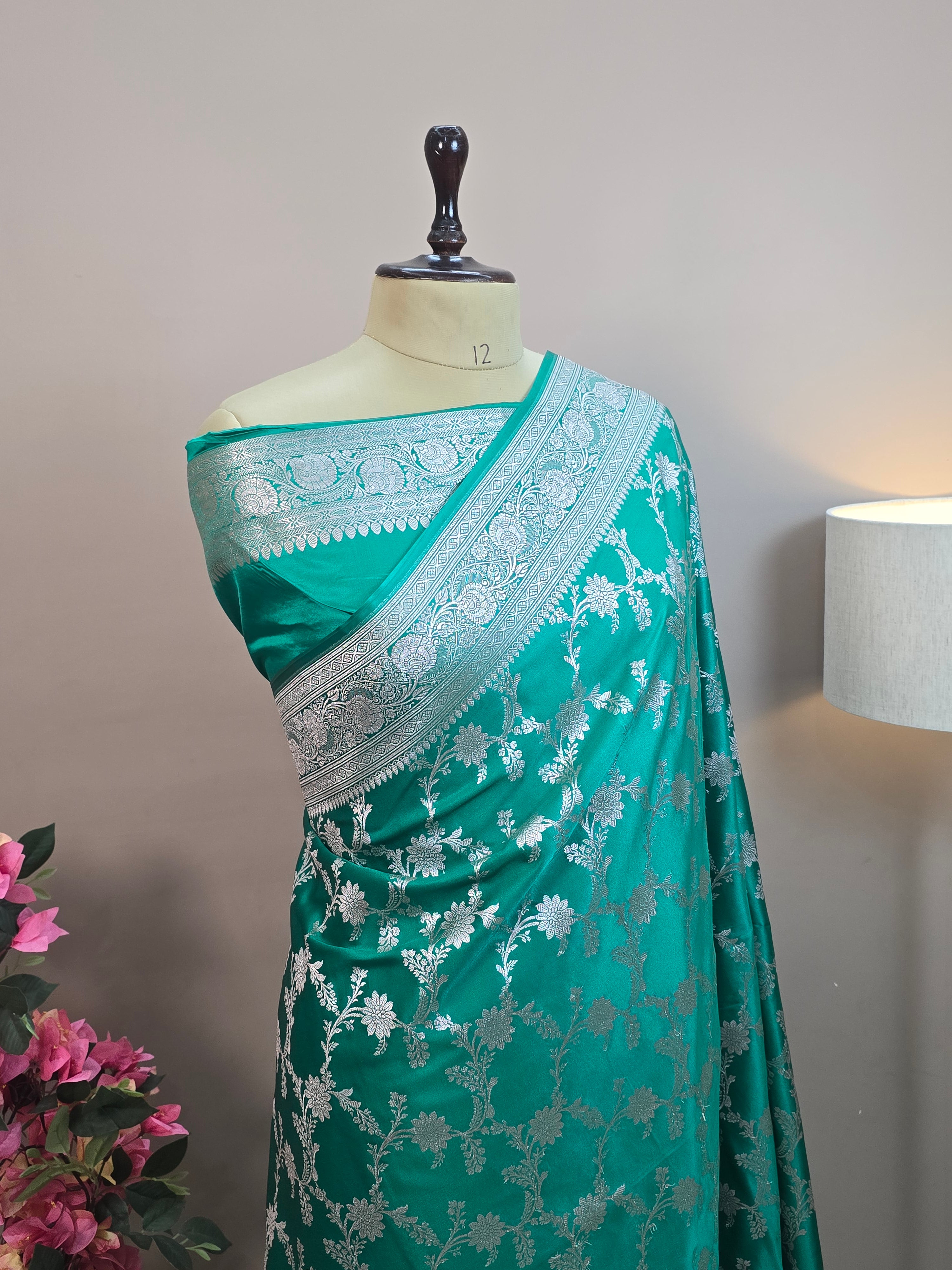 Mashru Katan Silk Banarasi Saree - Sea Green Body with Silver Zari All Over Jaal