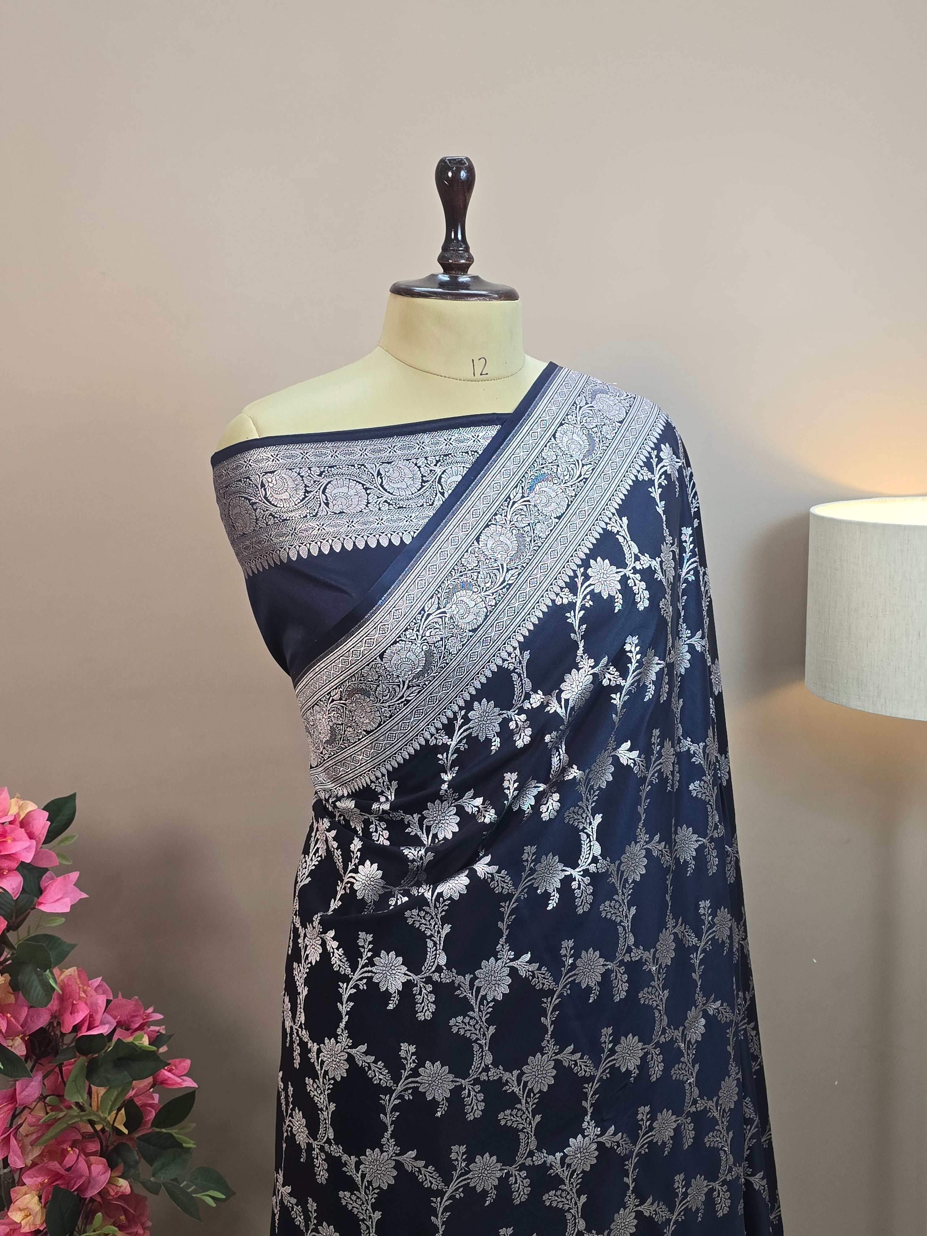 Mashru Katan Silk Banarasi Saree - Black Body with Silver Zari All Over Jaal