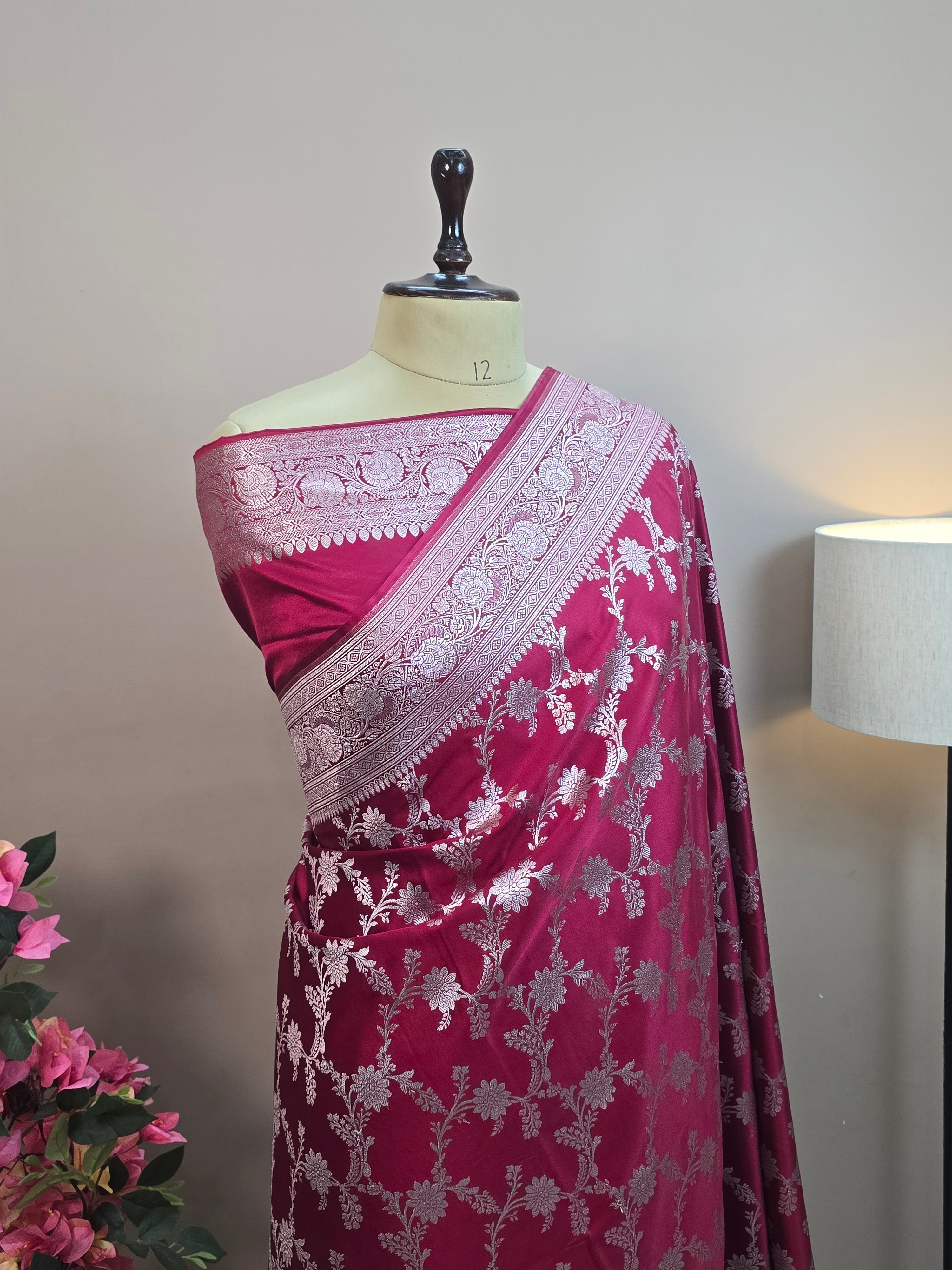 Mashru Katan Silk Banarasi Saree - Wine Body with Silver Zari All Over Jaal