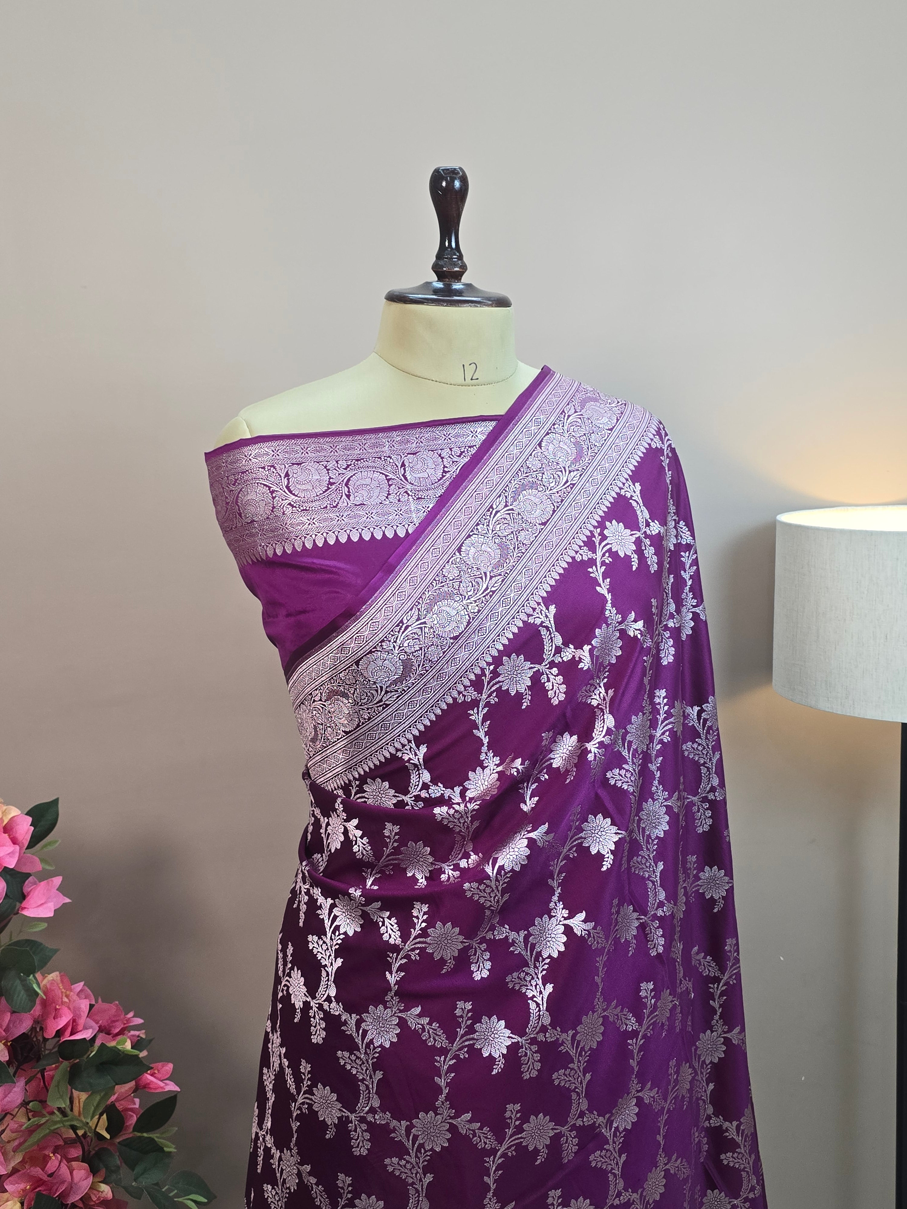 Mashru Katan Silk Banarasi Saree - Purple Body with Mashru Katan Silk Banarasi Saree - Gold Body with Silver Zari All Over Jaal