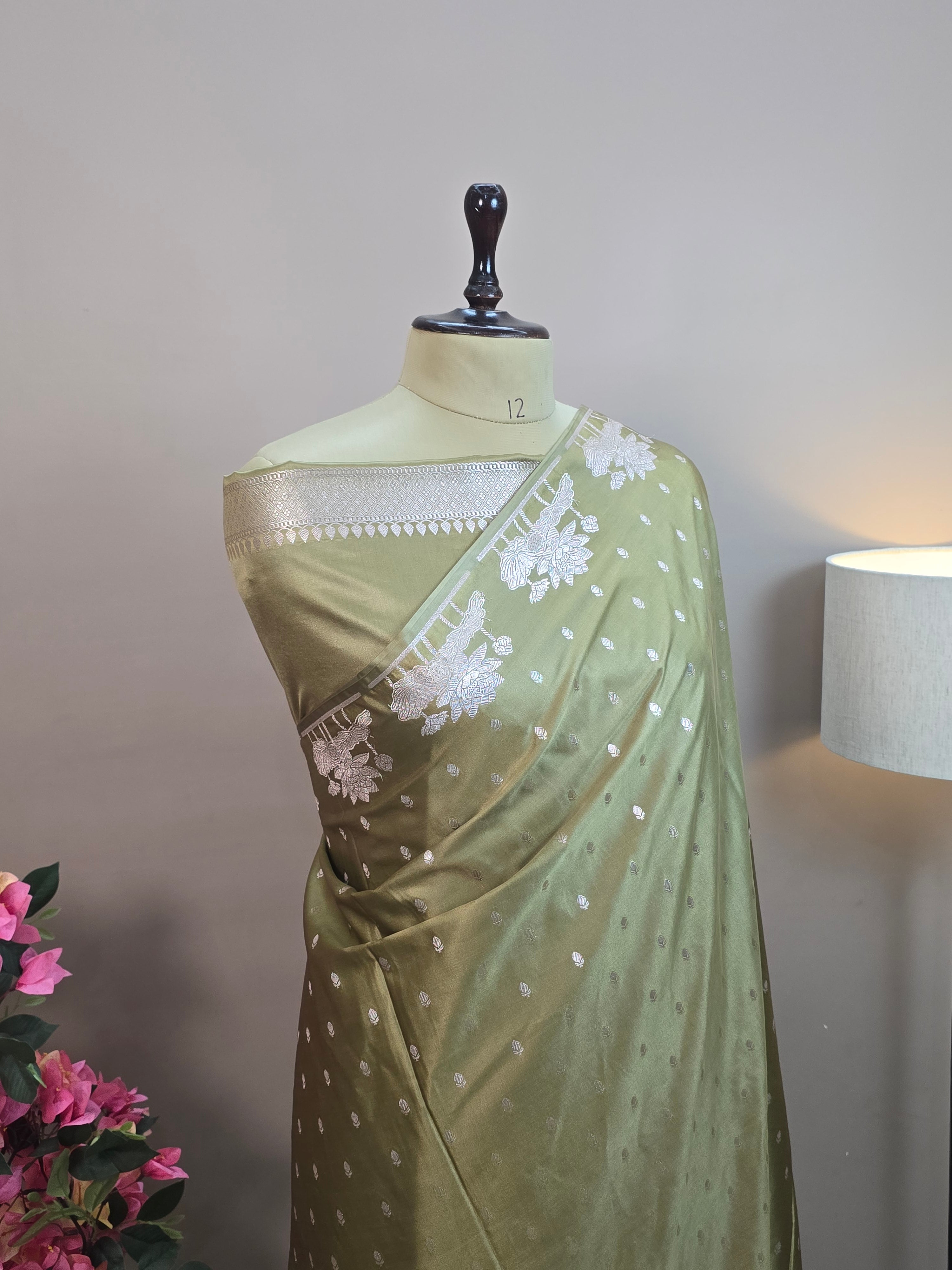 Mashru Katan Silk Banarasi Saree Open Border - Mehendi Body with All Over Booti