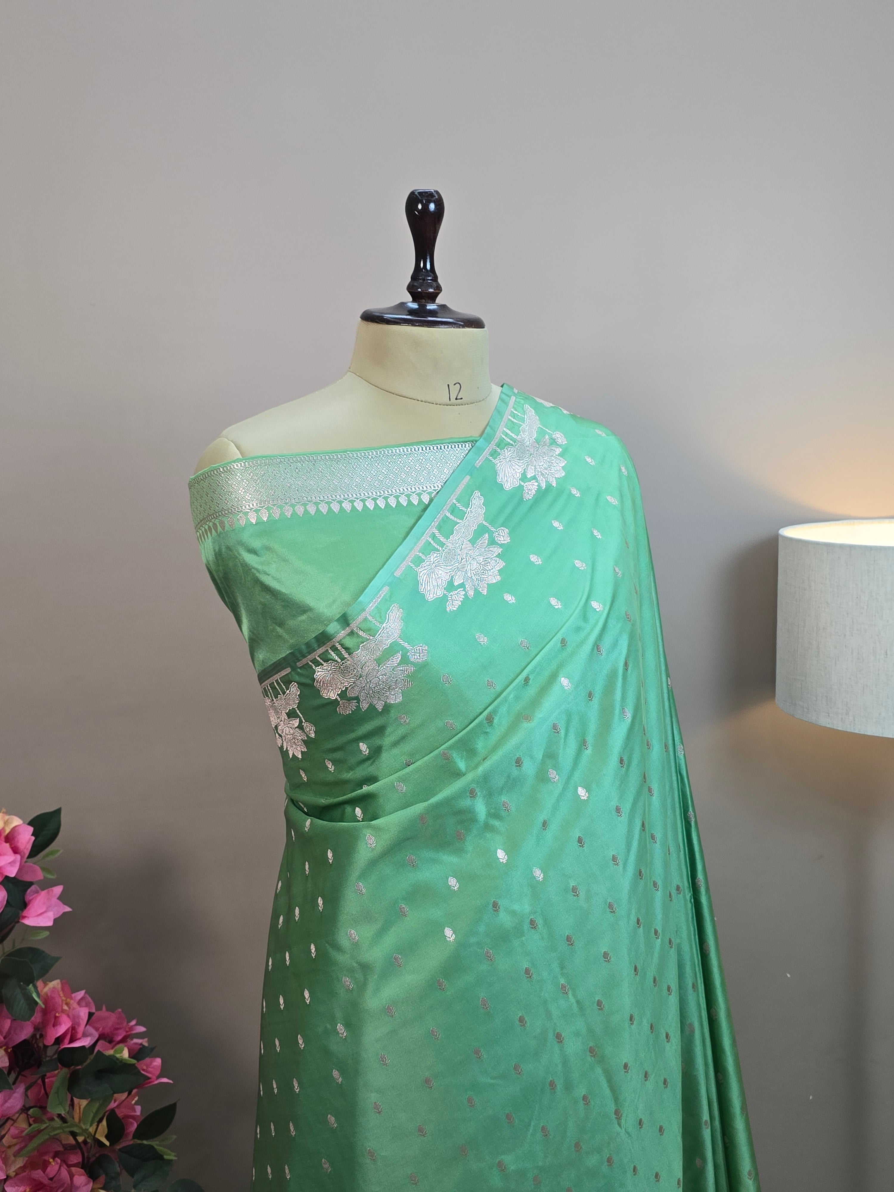 Mashru Katan Silk Banarasi Saree Open Border - Sea GreenBody with All Over Booti