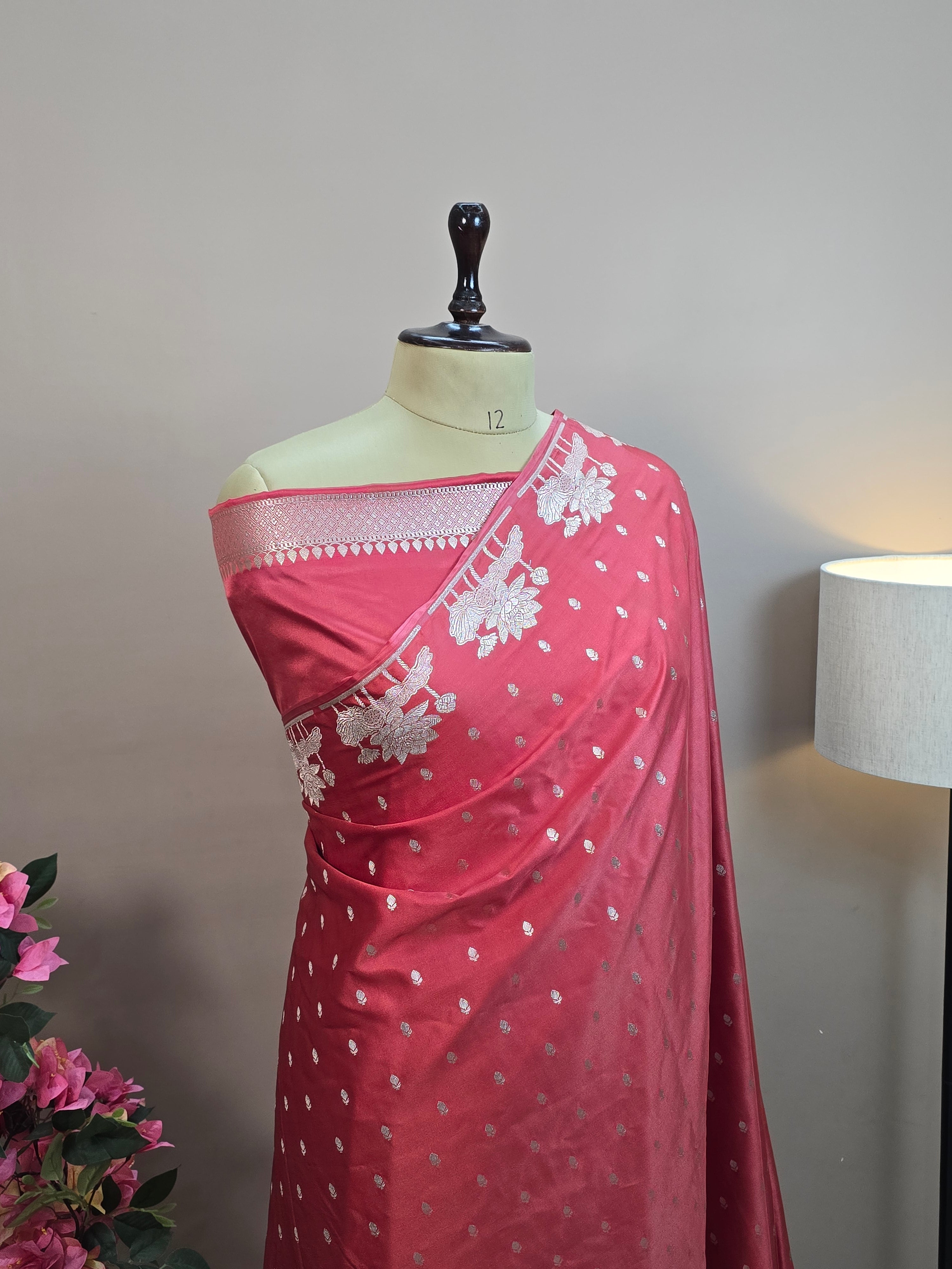 Mashru Katan Silk Banarasi Saree Open Border - Peach Body with All Over Booti