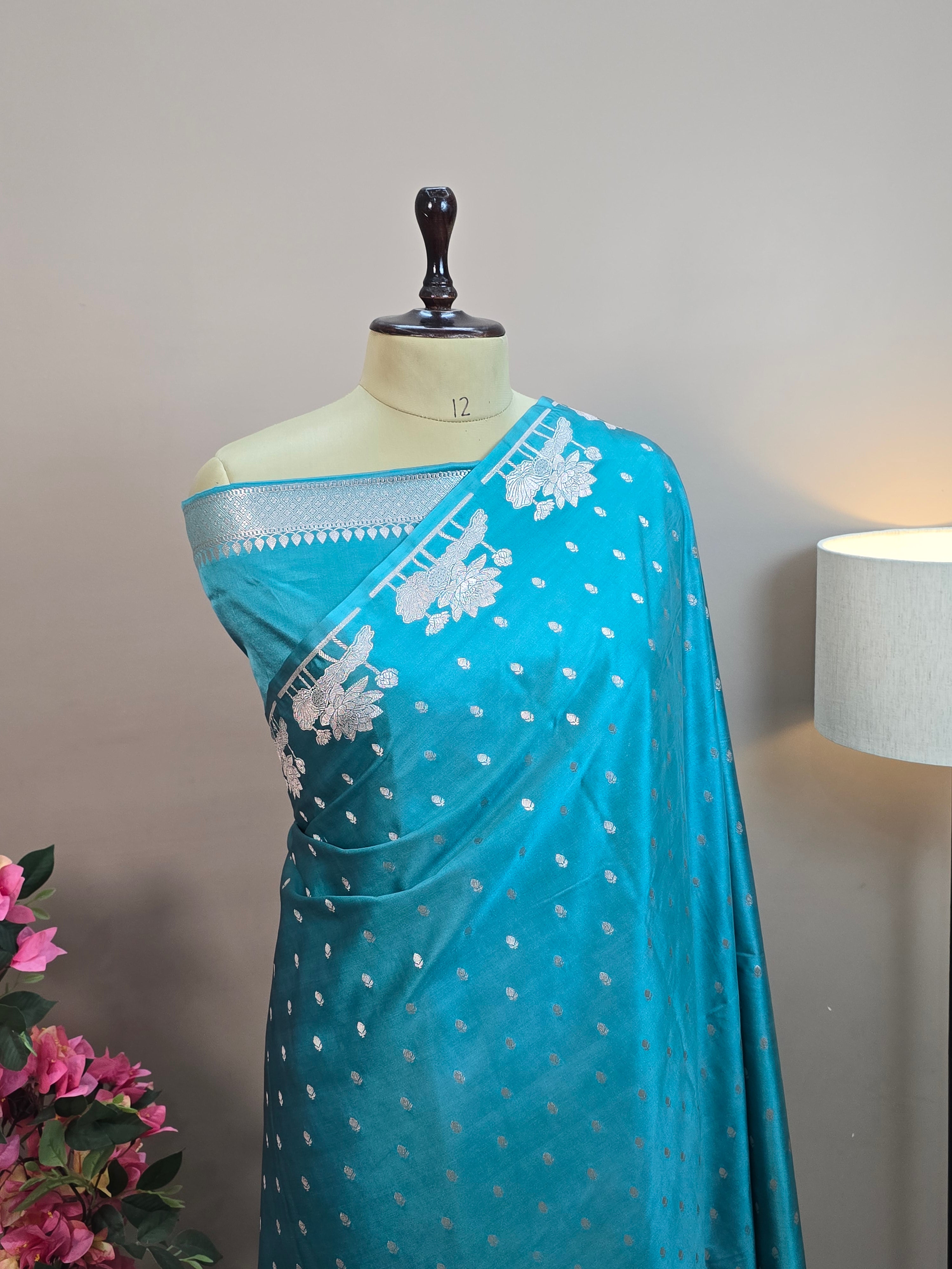 Mashru Katan Silk Banarasi Saree Open Border - Firozi Blue Body with All Over Booti