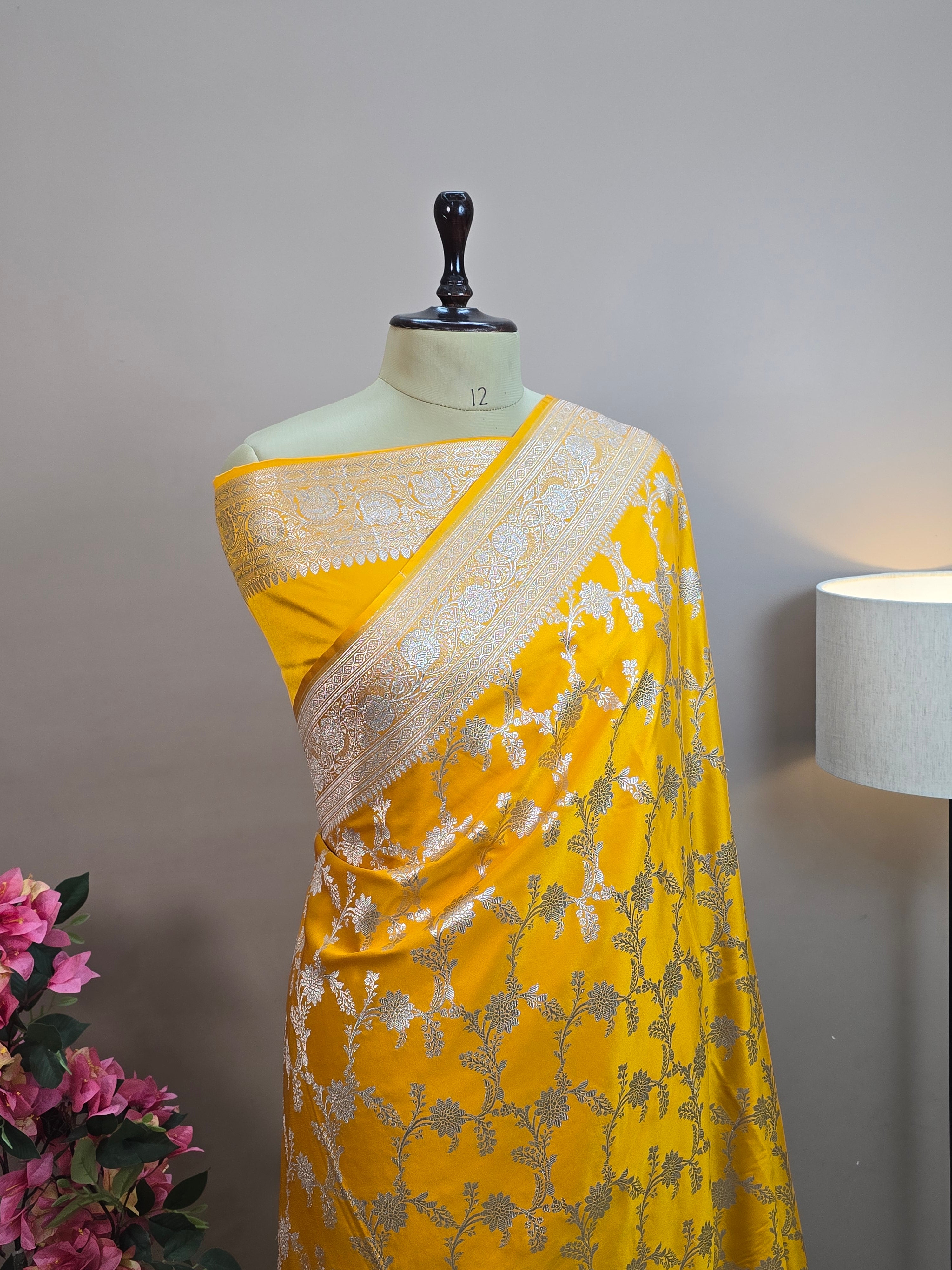 Mashru Katan Silk Banarasi Saree - Gold Body with Silver Zari All Over Jaal