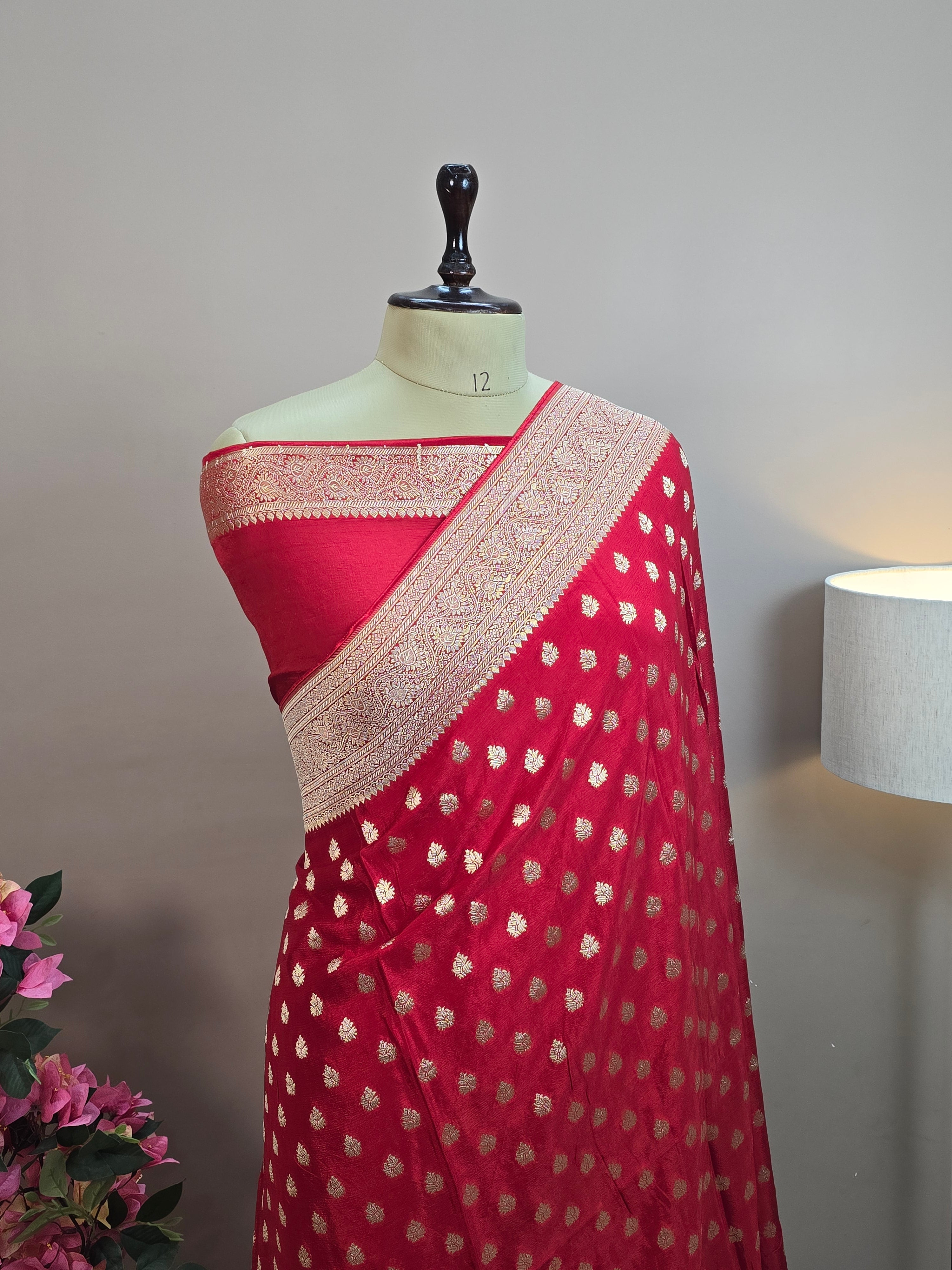 Crush Crepe Banarasi Saree – Red Body with Golden Bootis