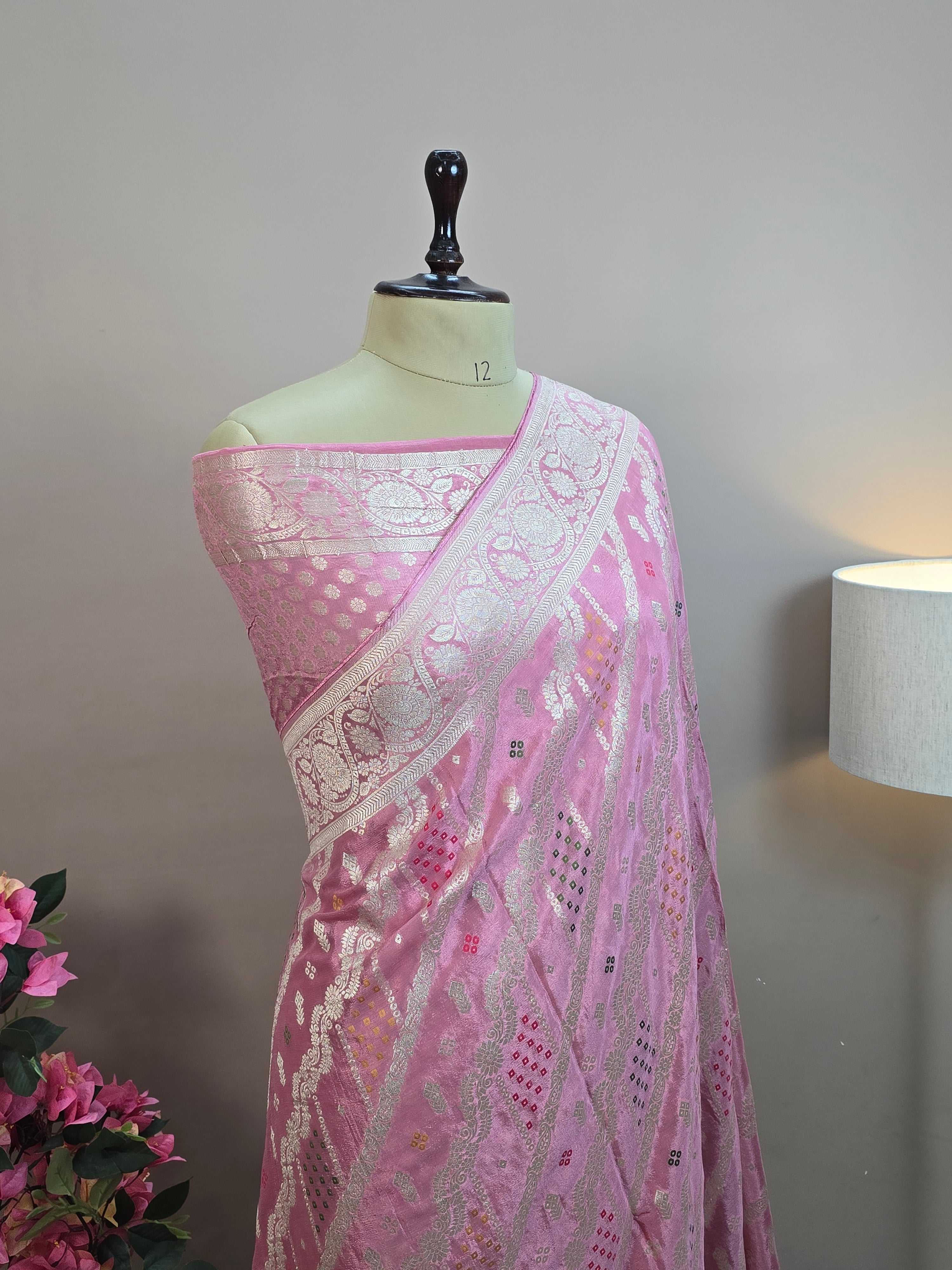 Crush Crepe Banarasi Bandhej Saree – Light Peach with Alfi Meenakari Jaal