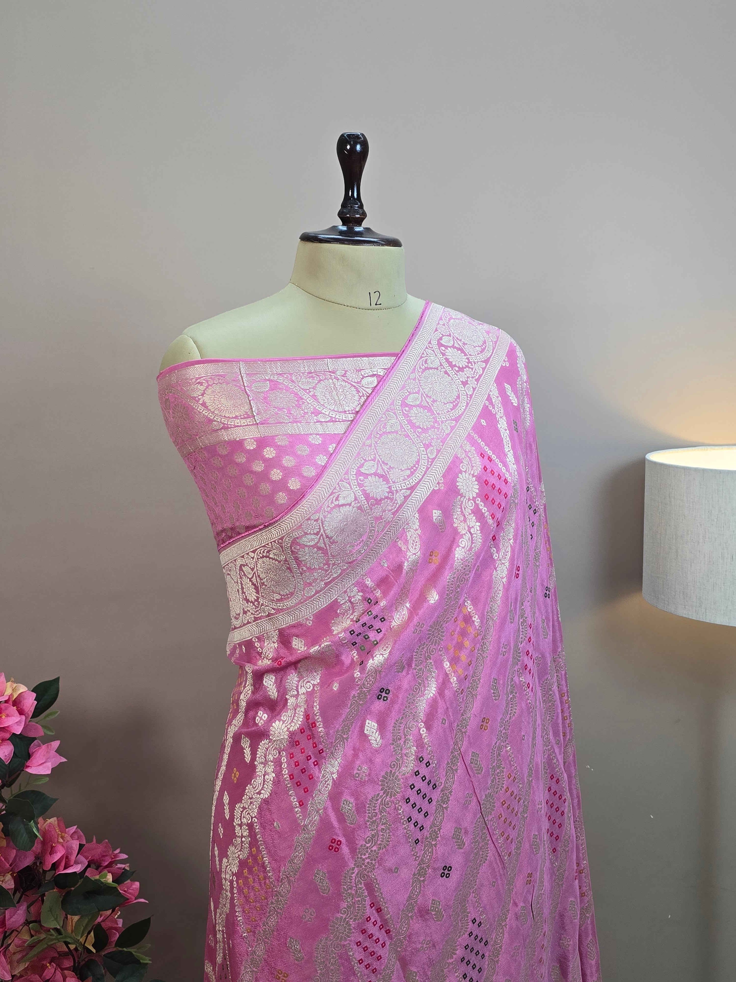 Crush Crepe Banarasi Bandhej Saree – Baby Pink with Alfi Meenakari Jaal