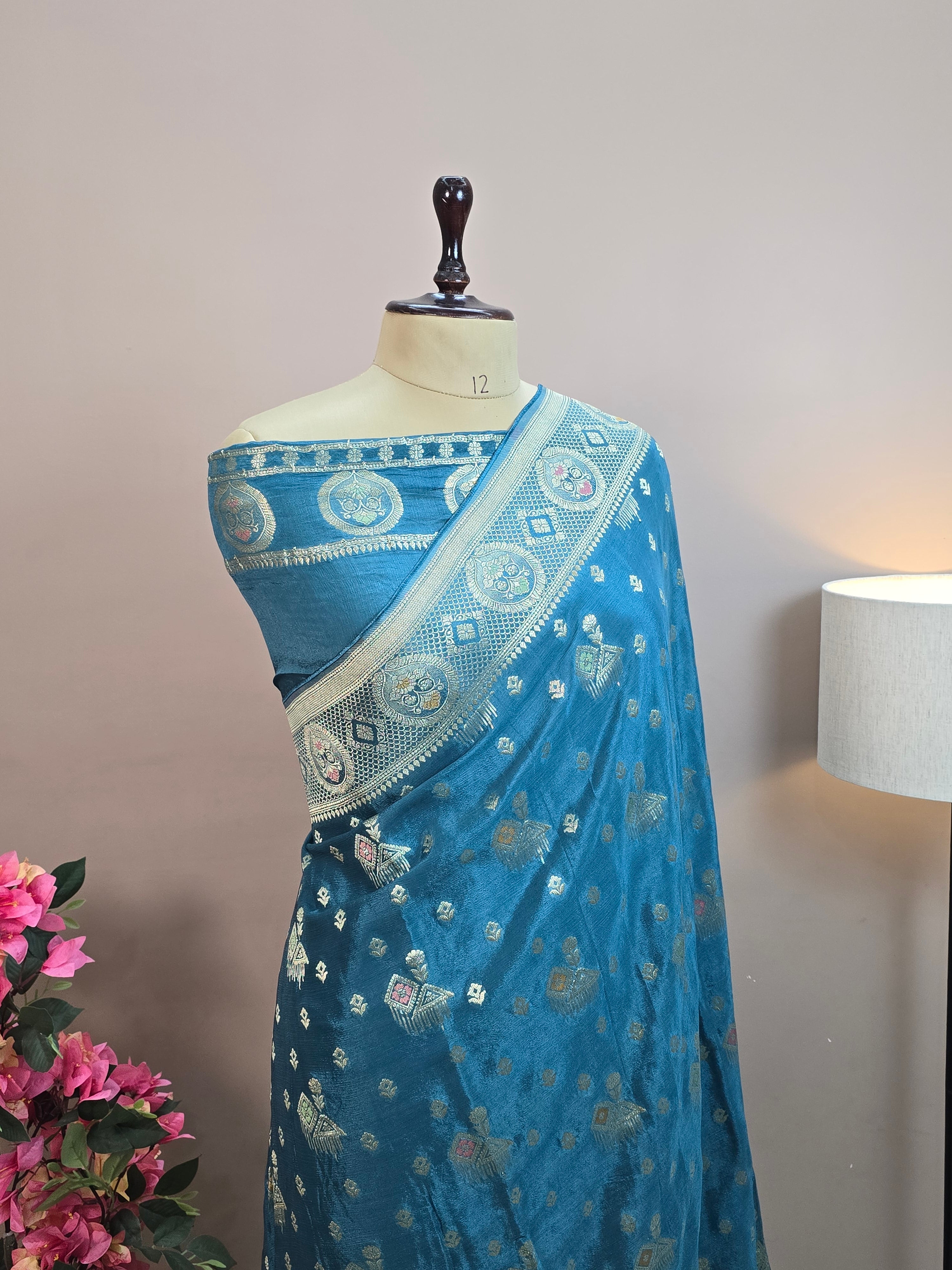 Crush Crepe Banarasi Saree – Firozi Blue with Meenakari Bootas