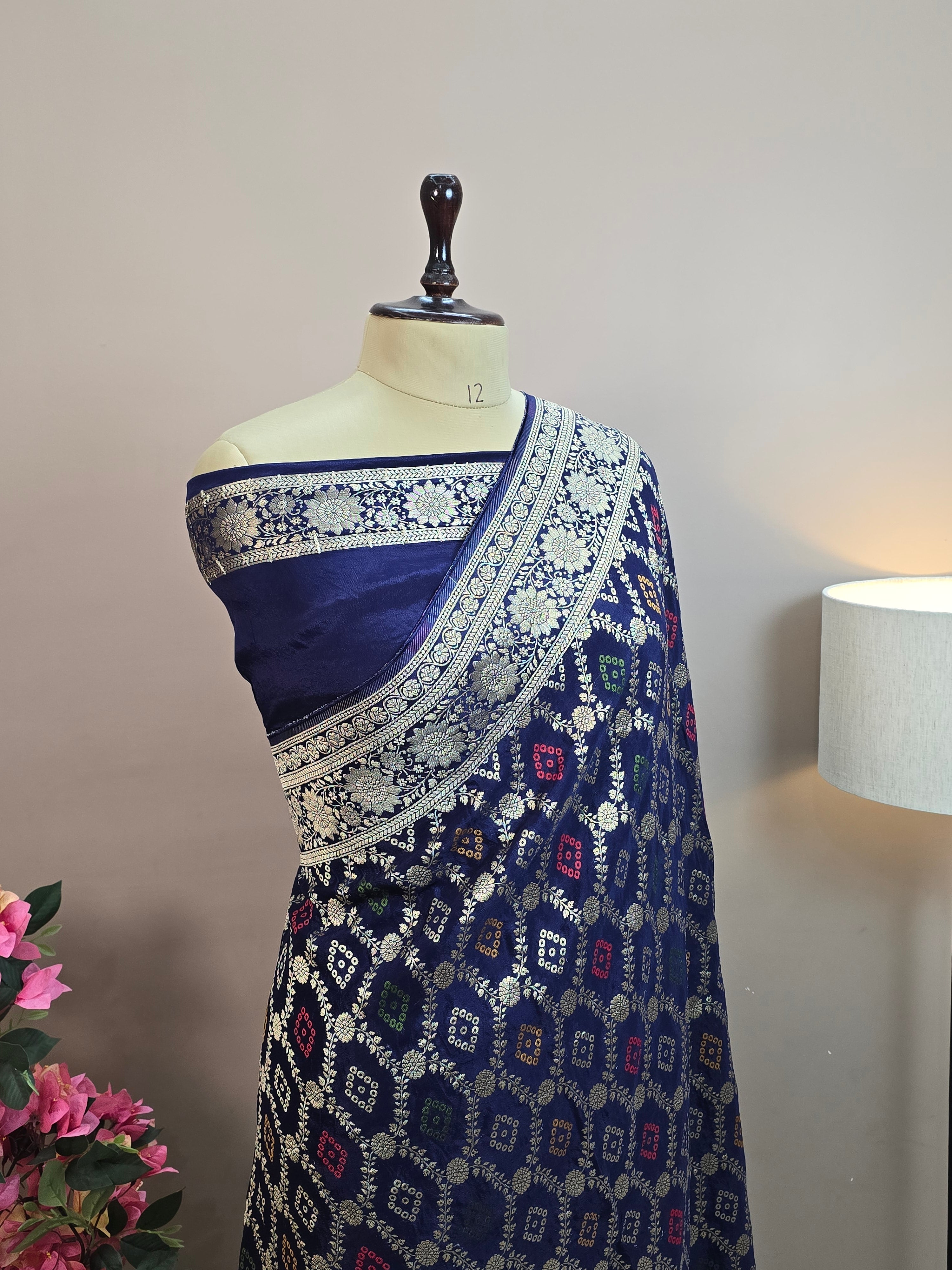 Crush Crepe Alfi Bandhej Saree – Navy Blue with Multicolour Meenakari Boota