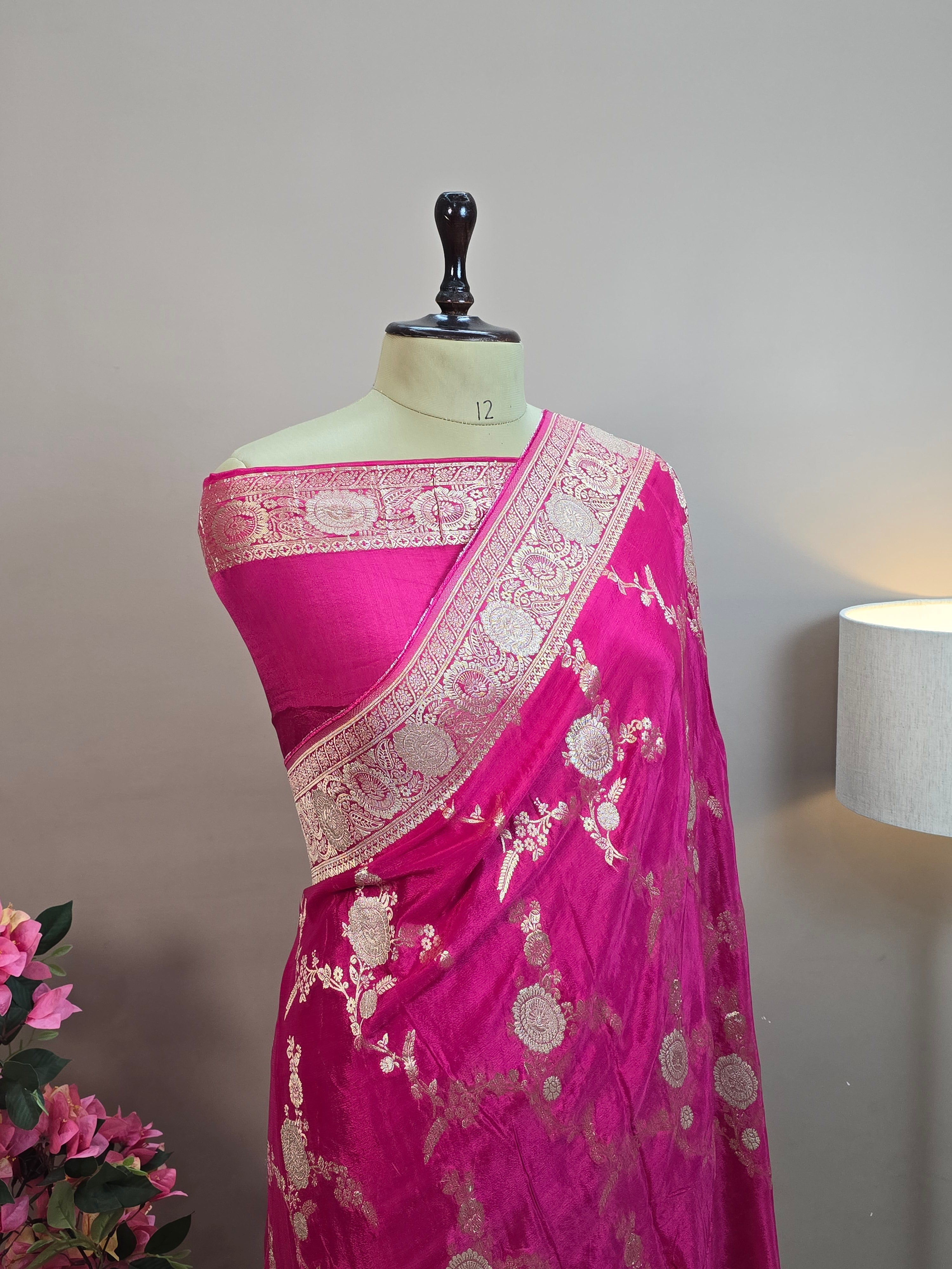 Crush Crepe Banarasi Saree – Rani Pink with All Over Boota Jaal