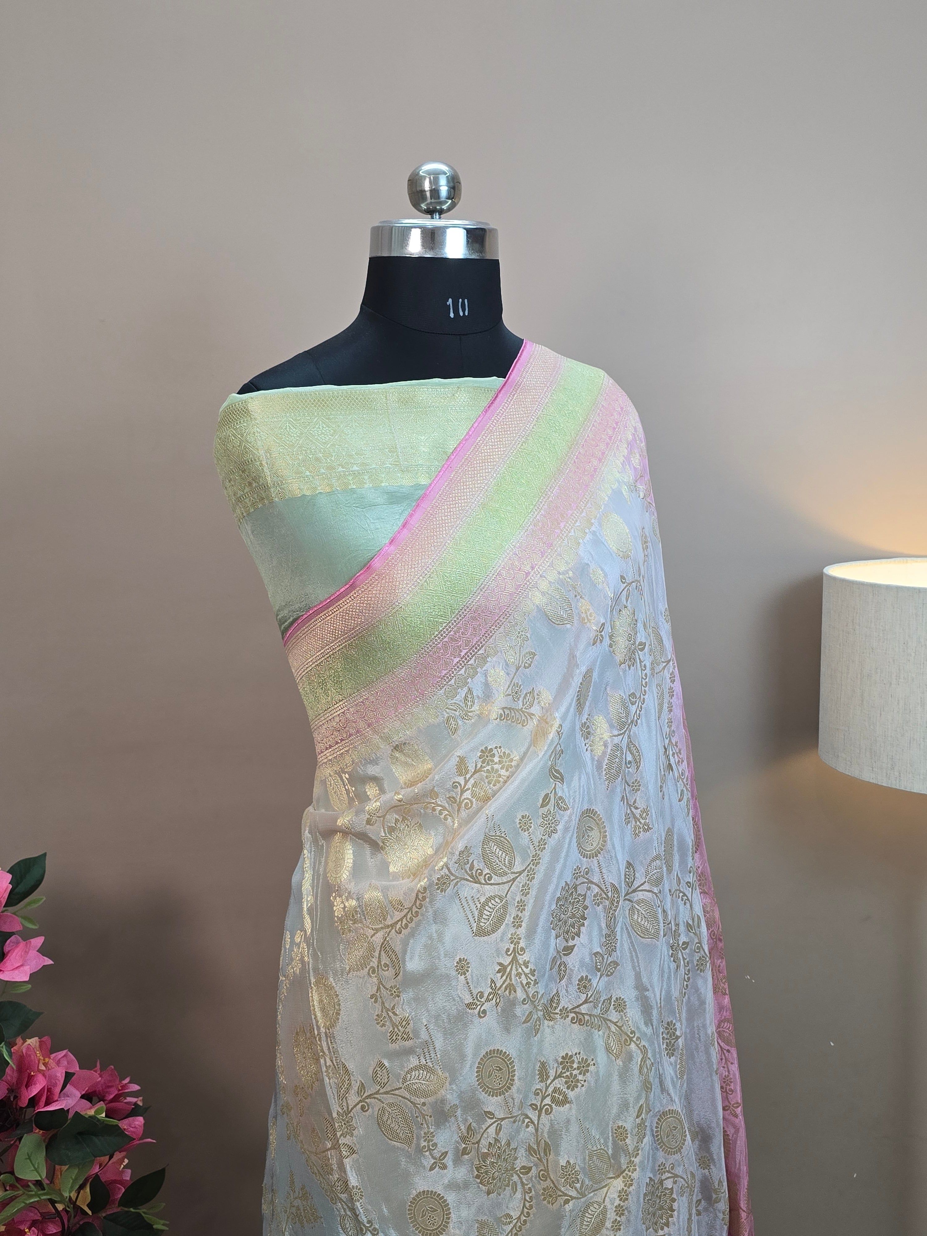 Crush Crepe Light MultiColor Rangkaat Jaal Banarasi Saree with Boota & Tricolour Border