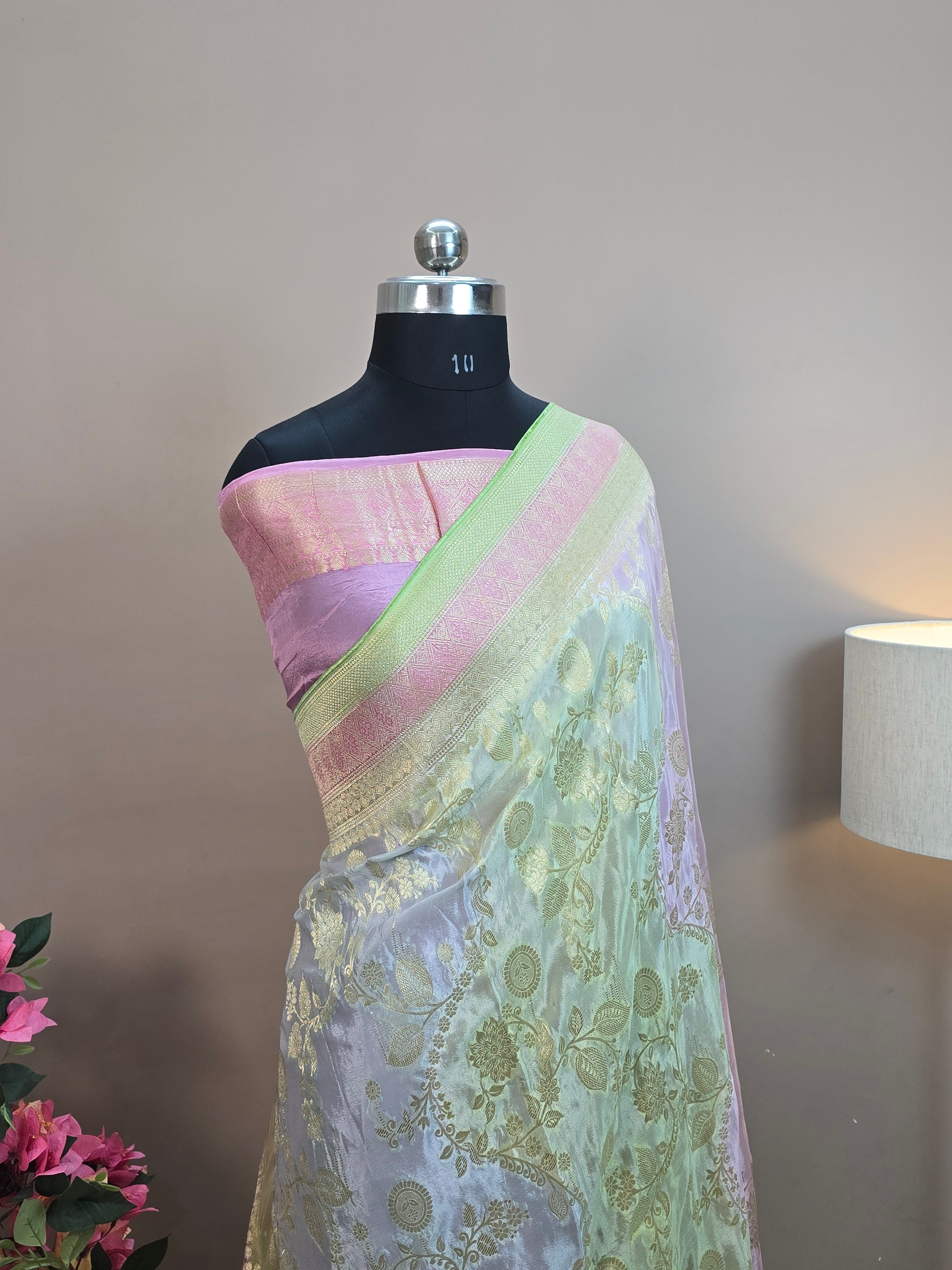 Crush Crepe Light MultiColor Rangkaat Jaal Banarasi Saree with Boota & Tricolour Border