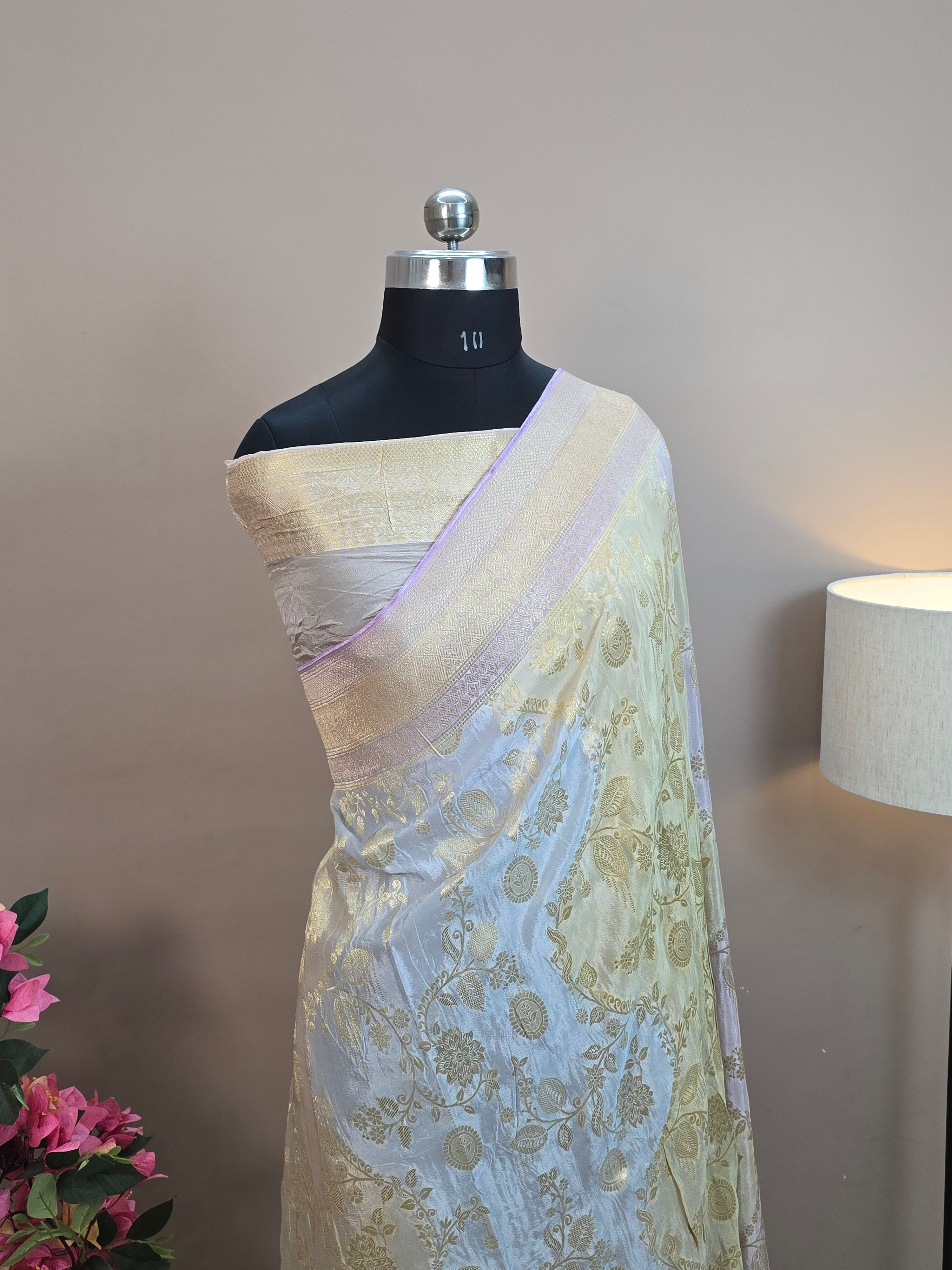 Crush Crepe Light MultiColor Rangkaat Jaal Banarasi Saree with Boota & Tricolour Border