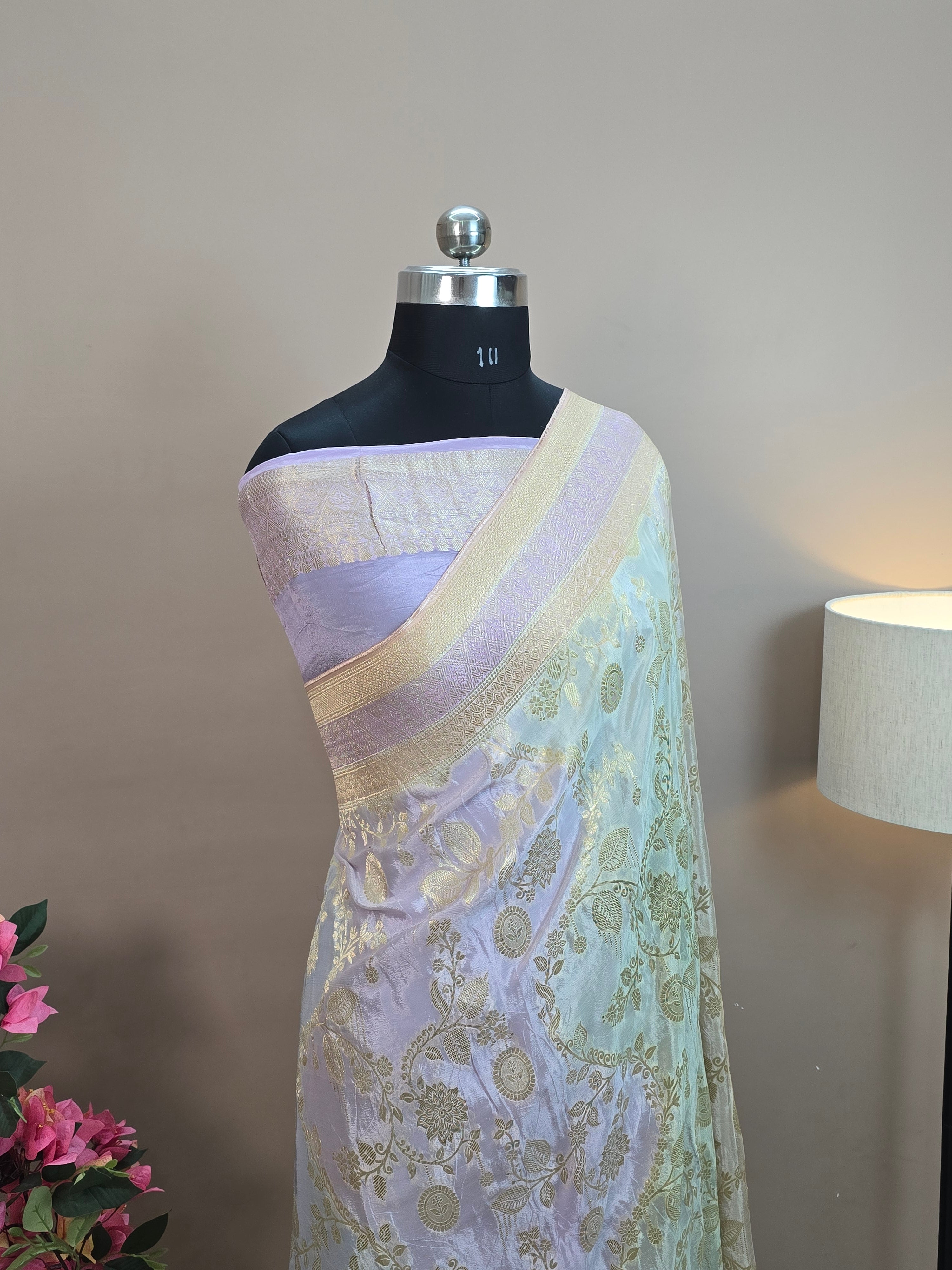 Crush Crepe Light MultiColor Rangkaat Jaal Banarasi Saree with Boota & Tricolour Border