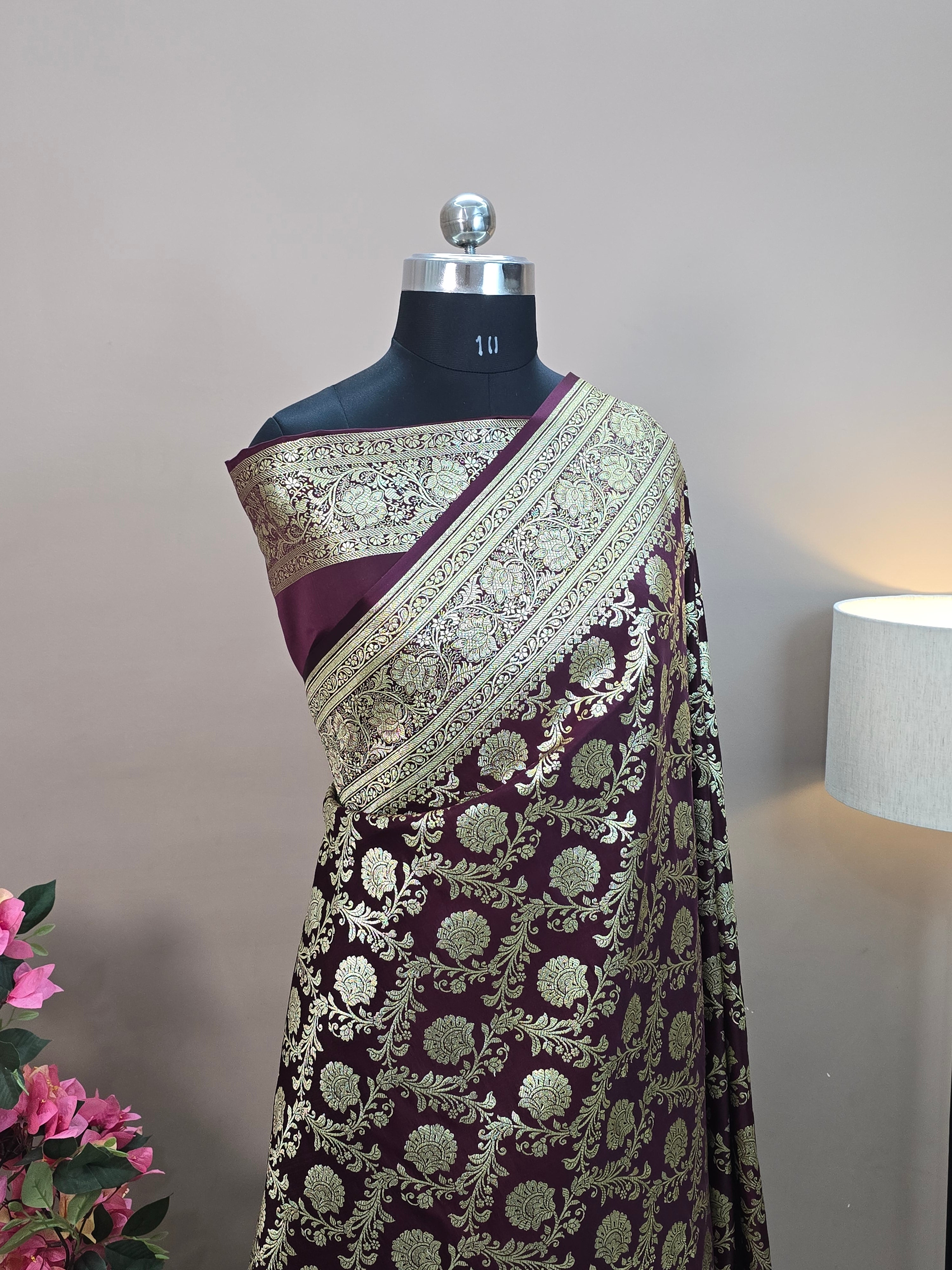 Satin Katan Silk Jaal Banarasi Saree – Deep Maroon with Gold Zari Jaal