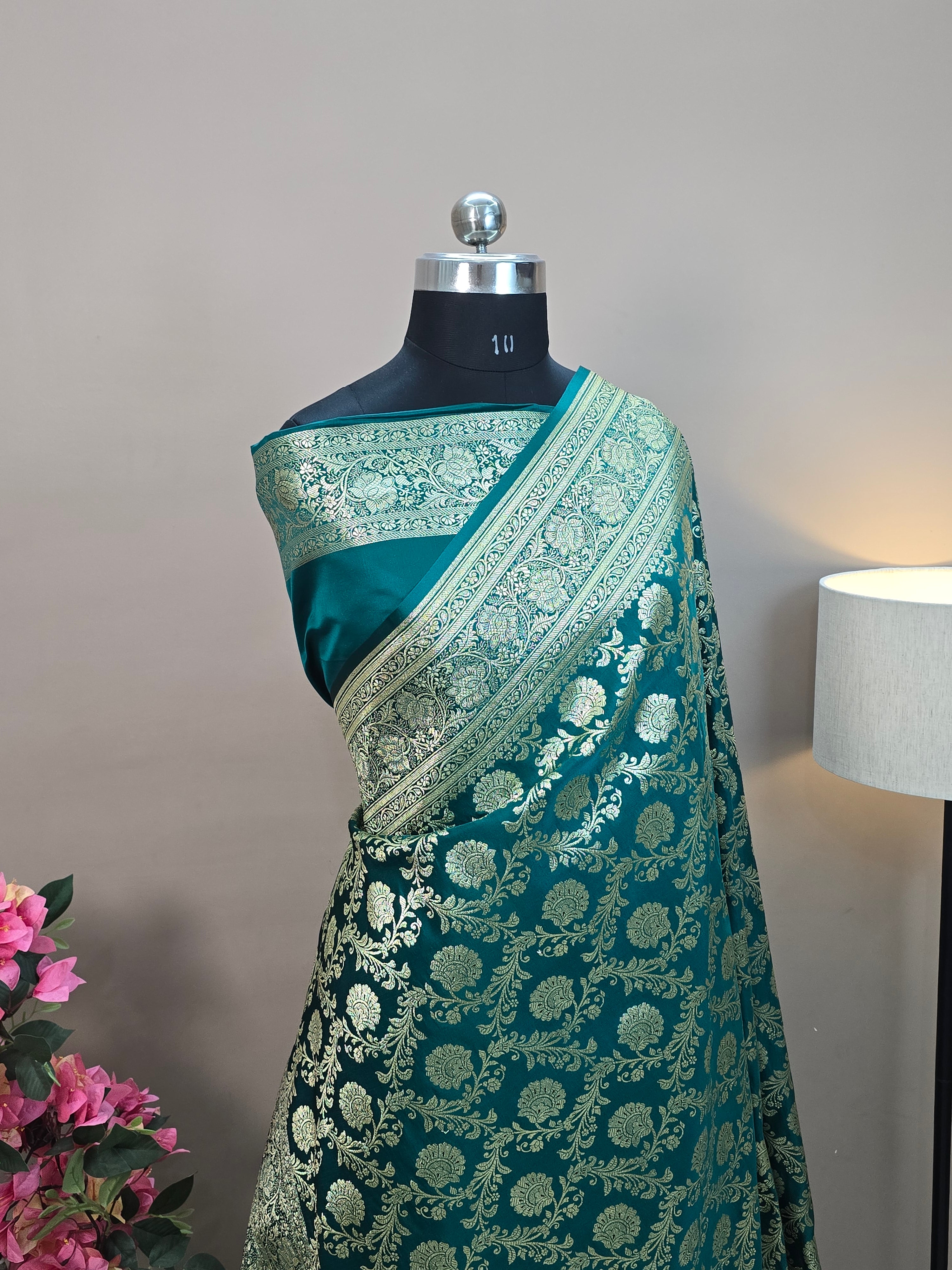 Satin Katan Silk Jaal Banarasi Saree – Sea Green with Gold Zari Jaal