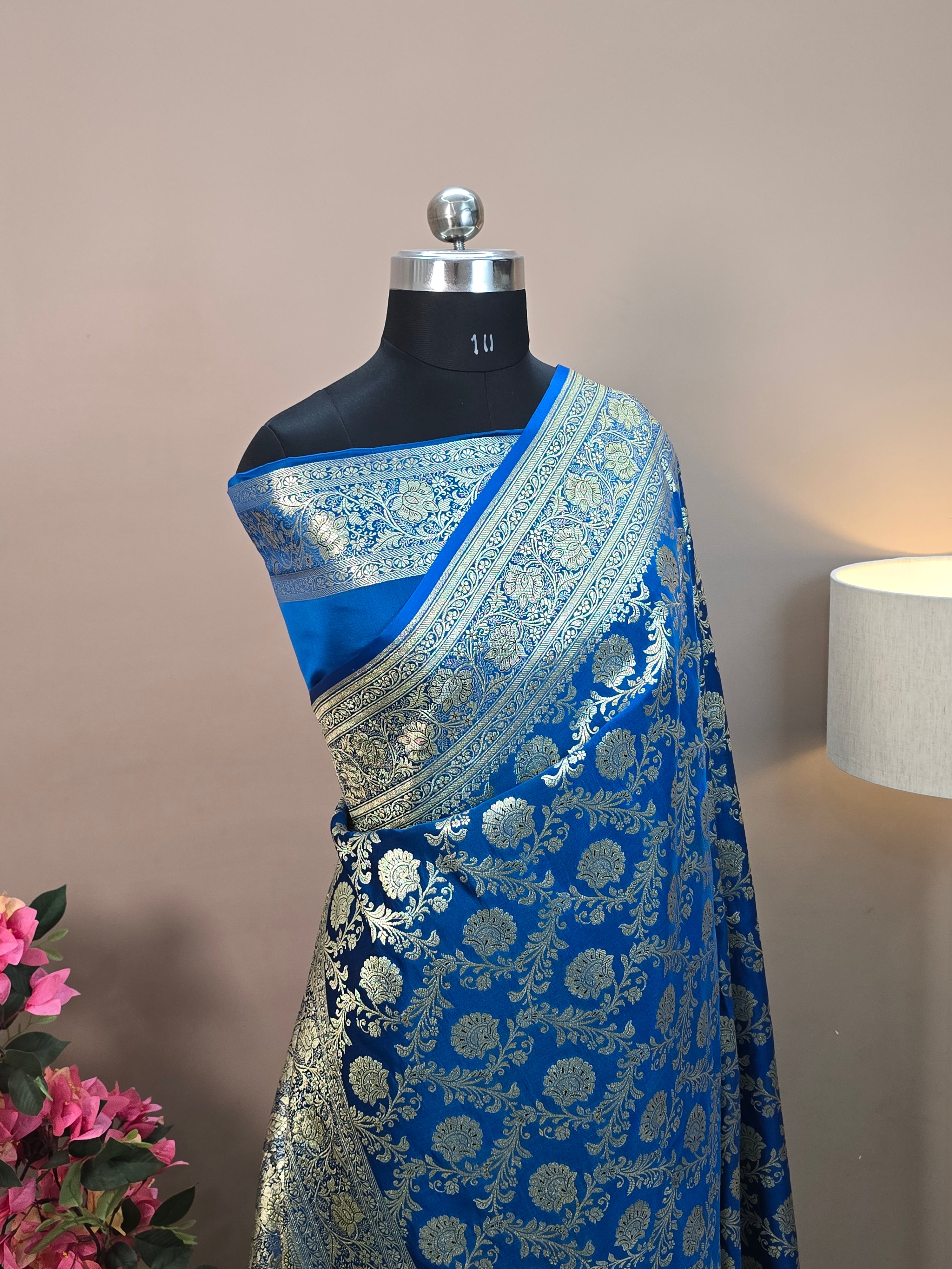 Satin Katan Silk Jaal Banarasi Saree – Firozi Blue with Gold Zari Jaal