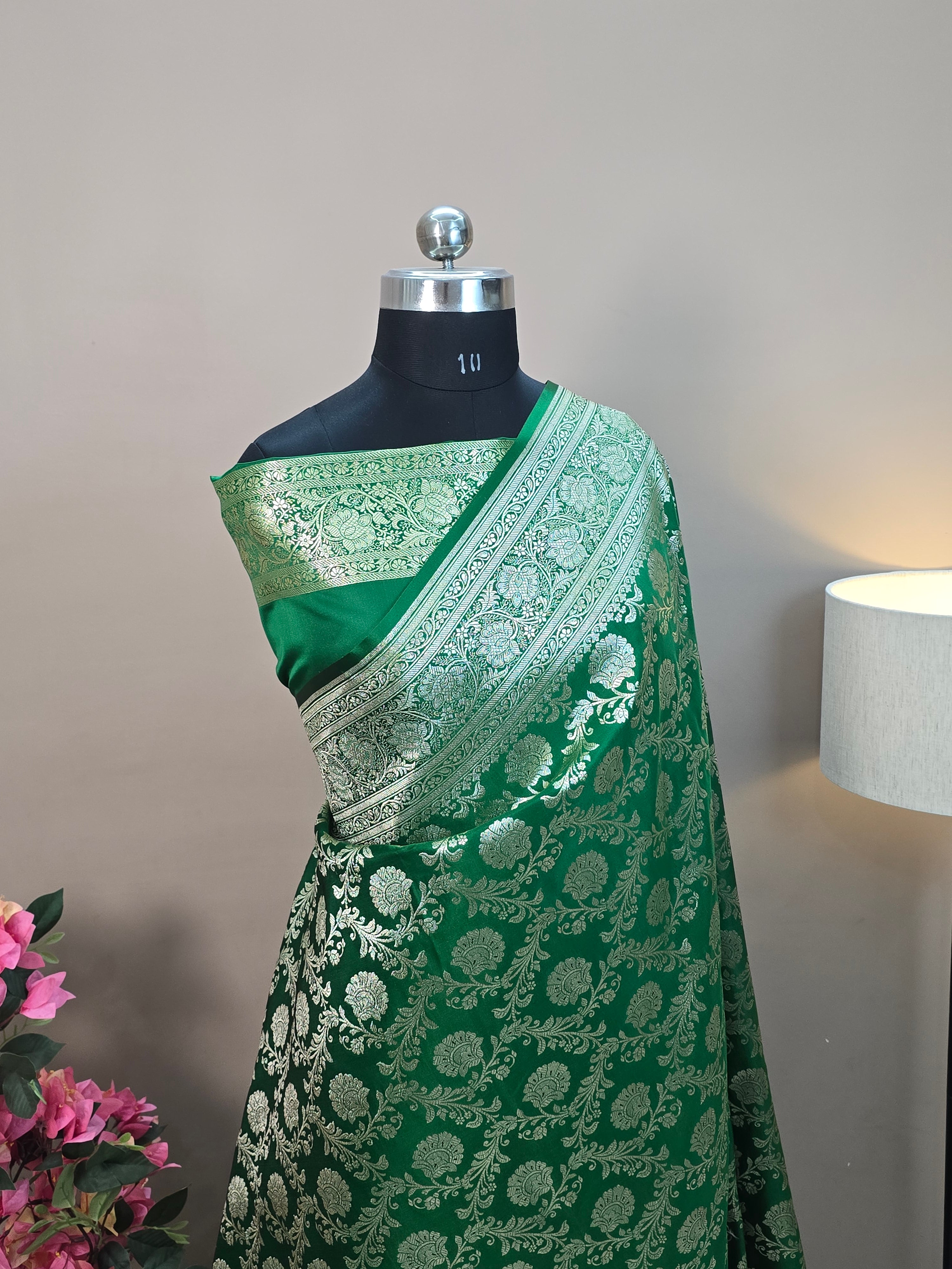 Satin Katan Silk Jaal Banarasi Saree – Emerald Green with Gold Zari Jaal