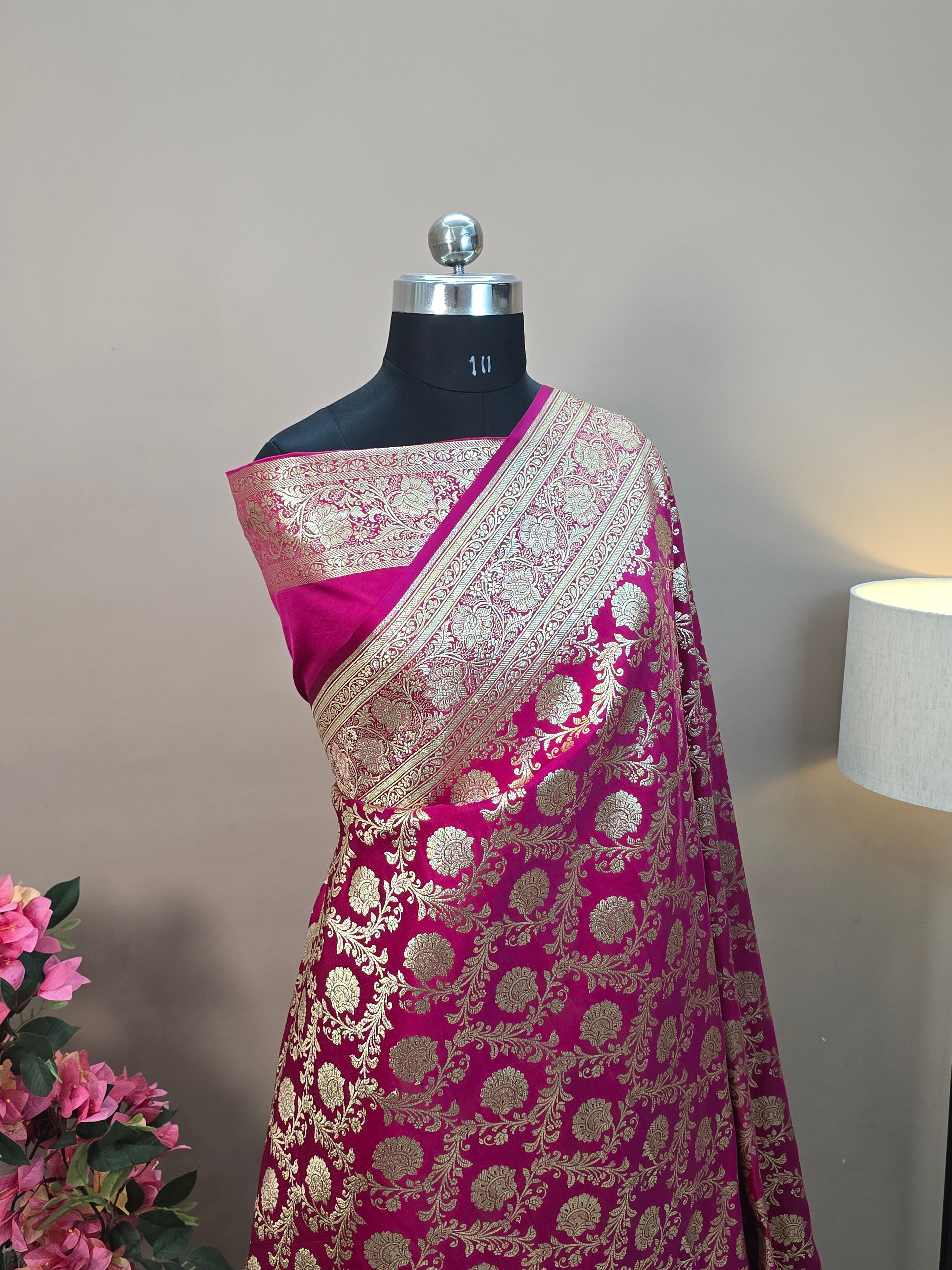 Satin Katan Silk Jaal Banarasi Saree – Rani Pink with Gold Zari Jaal