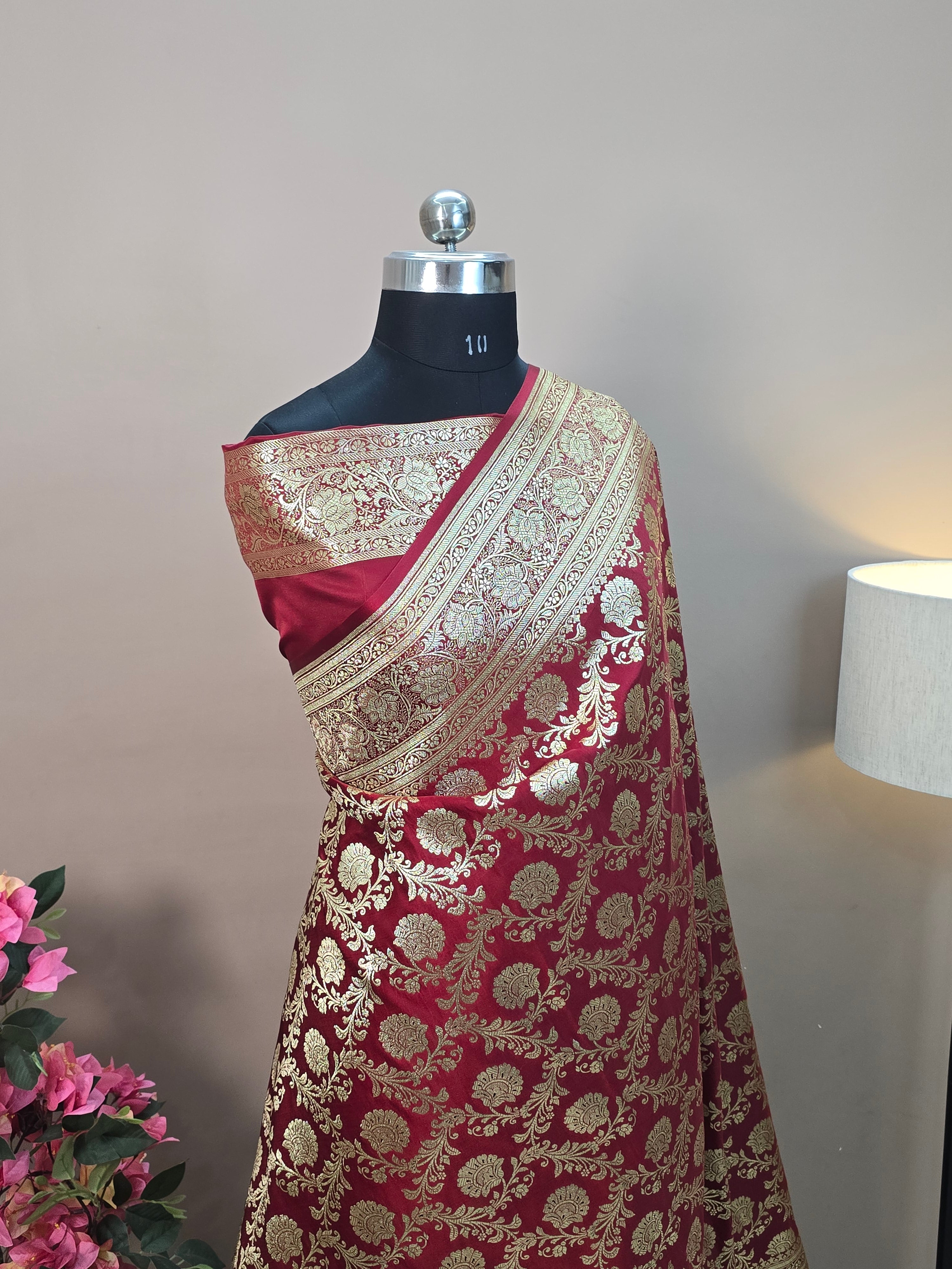 Satin Katan Silk Jaal Banarasi Saree – Maroon with Gold Zari Jaal