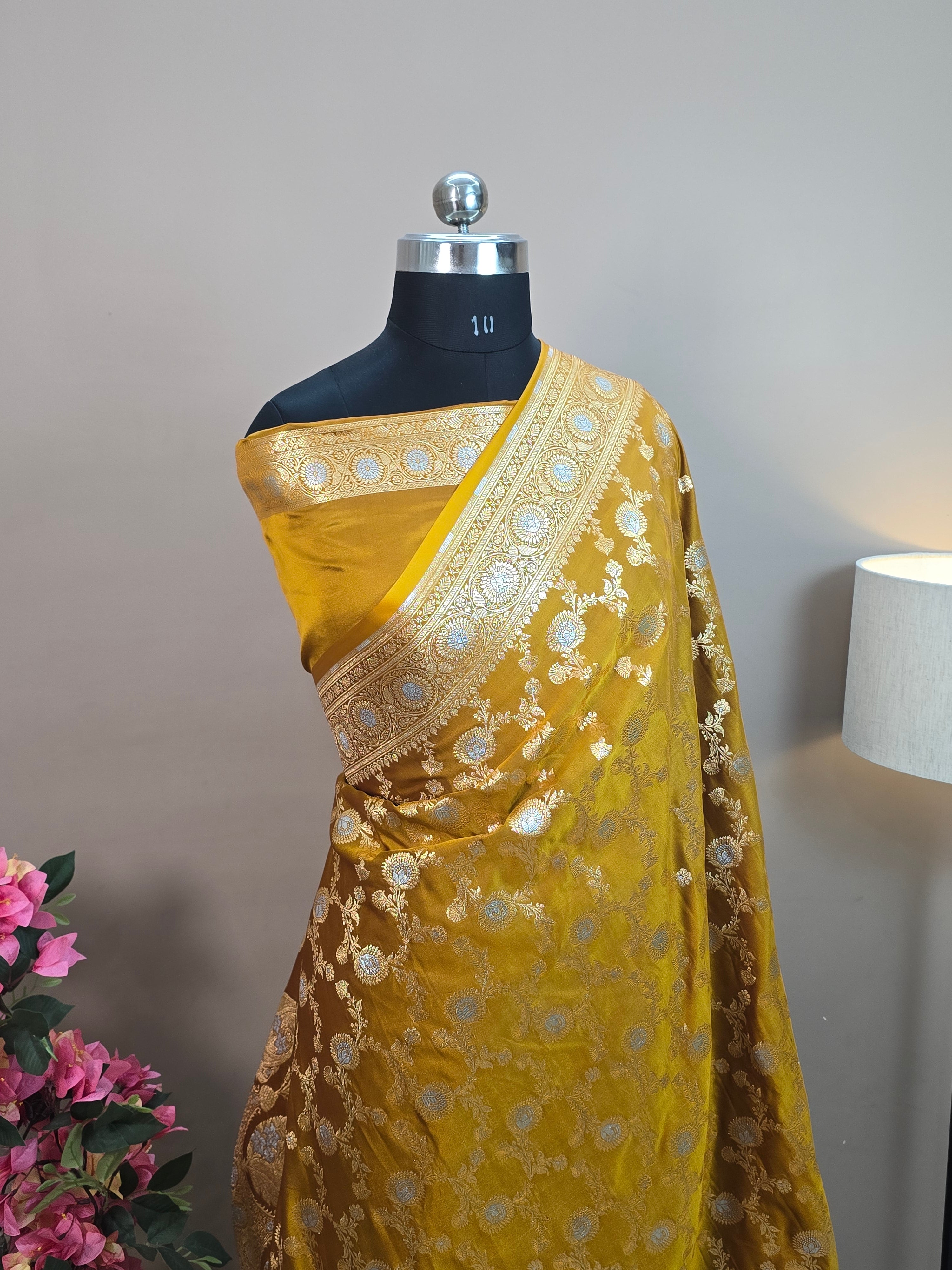 Satin Malai Katan Silk Banarasi Saree – Sona Roopa Zari Meenakari Jaal