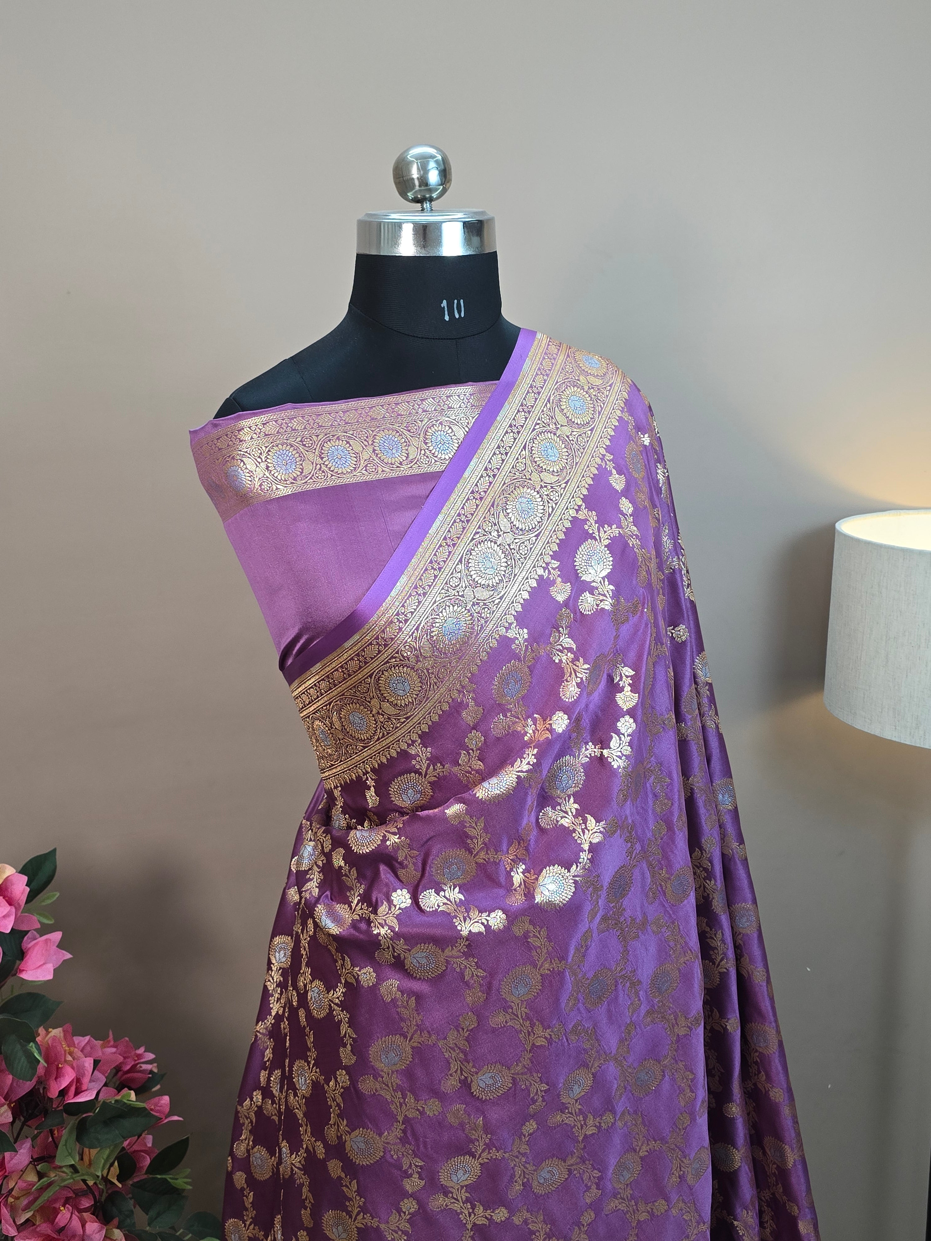 Satin Malai Katan Silk Banarasi Saree – Sona Roopa Zari Meenakari Jaal