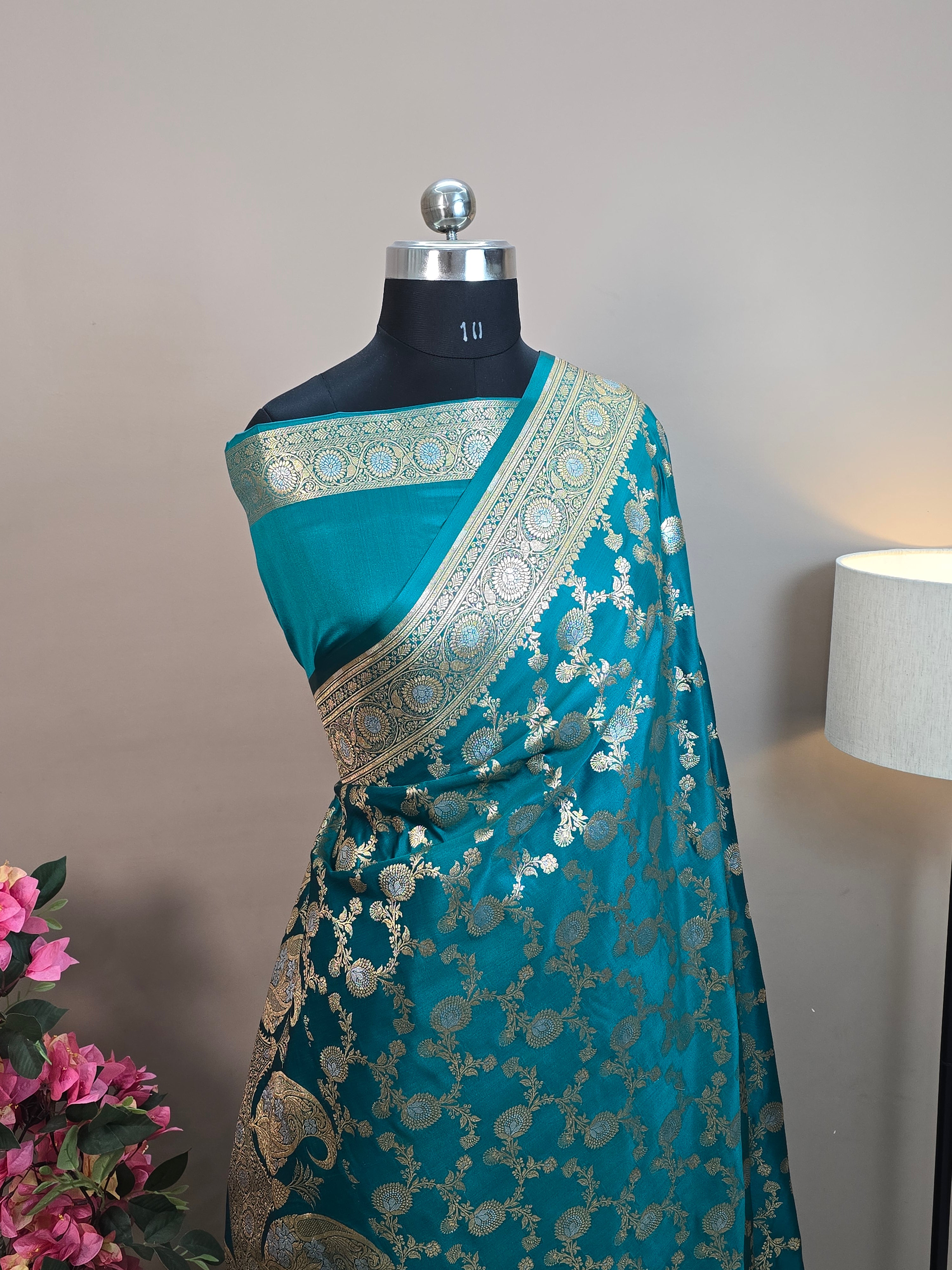 Satin Malai Katan Silk Banarasi Saree – Sona Roopa Zari Meenakari Jaal