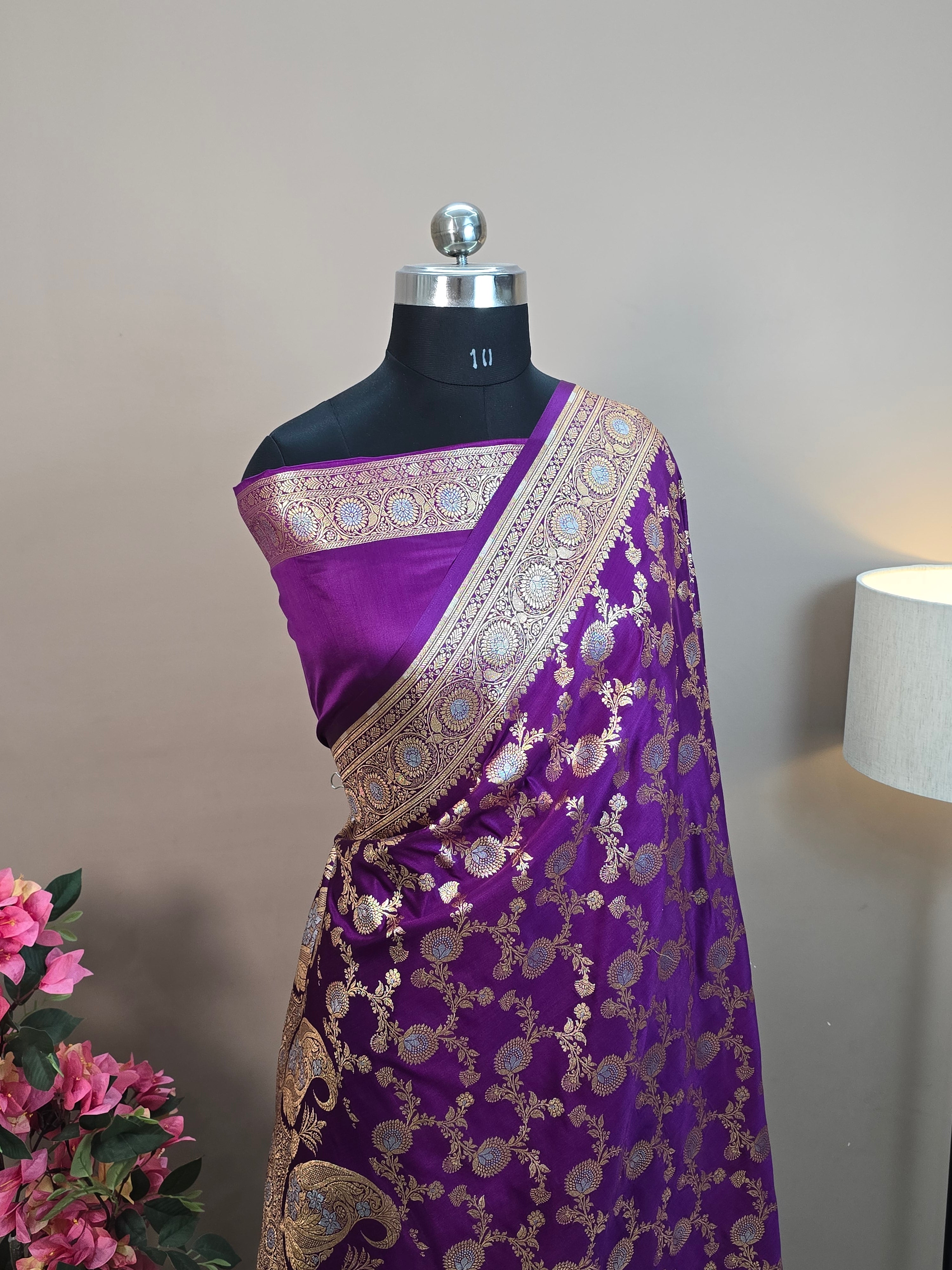 Satin Malai Katan Silk Banarasi Saree – Sona Roopa Zari Meenakari Jaal