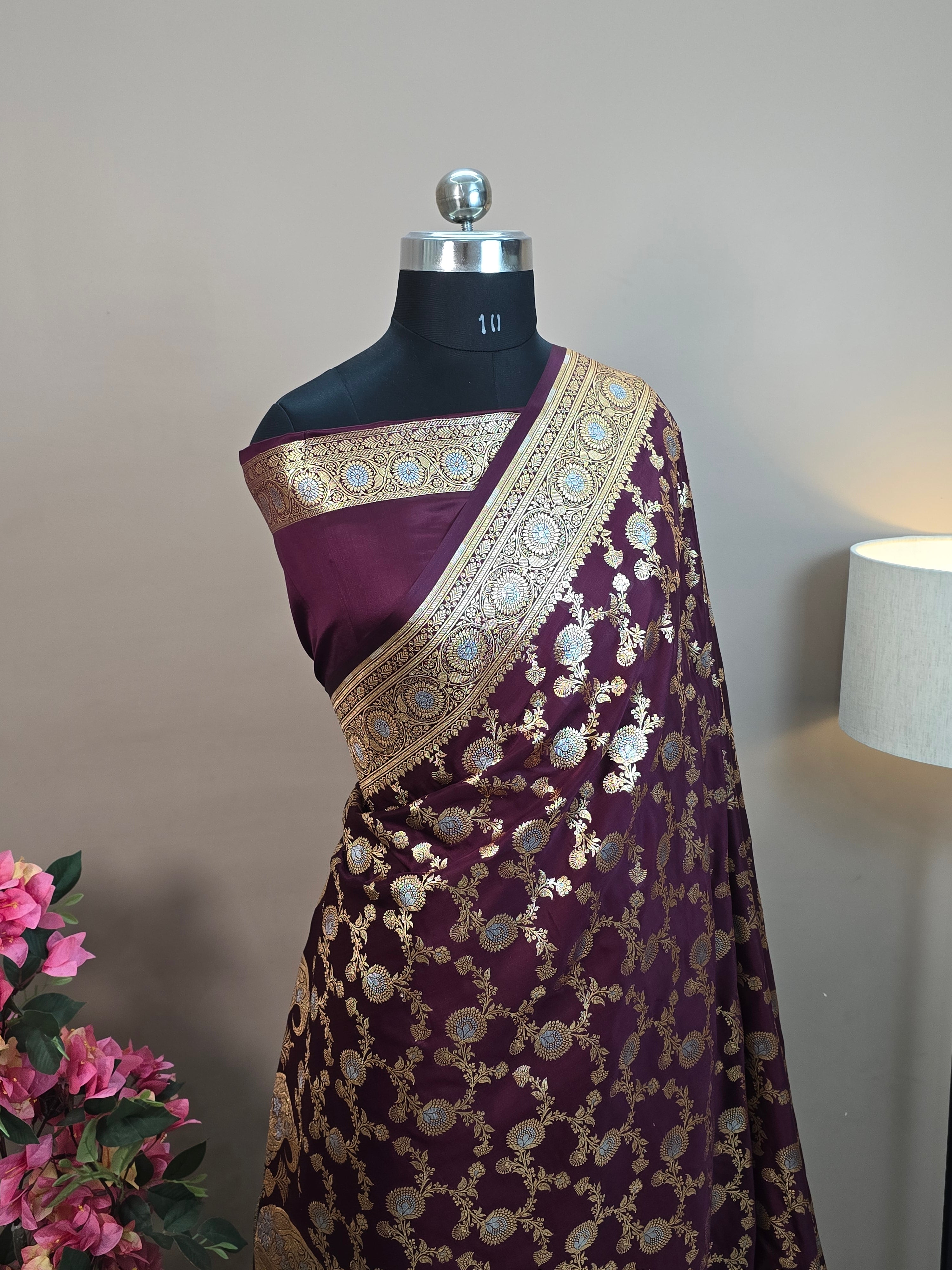 Satin Malai Katan Silk Banarasi Saree – Sona Roopa Zari Meenakari Jaal