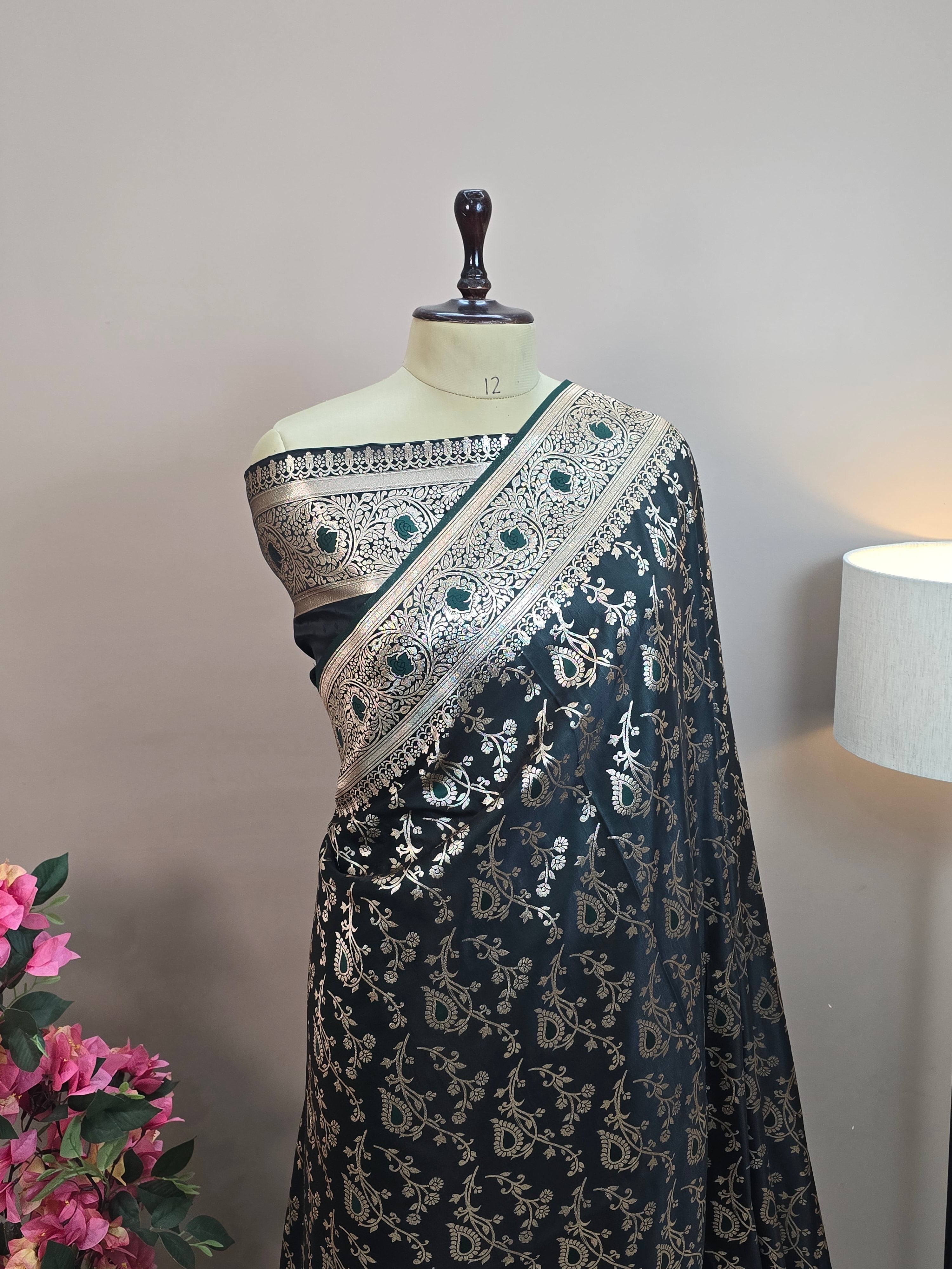 Satin Malai Katan Banarasi Saree – Meenakari Booti Jaal with Rose Gold Zari