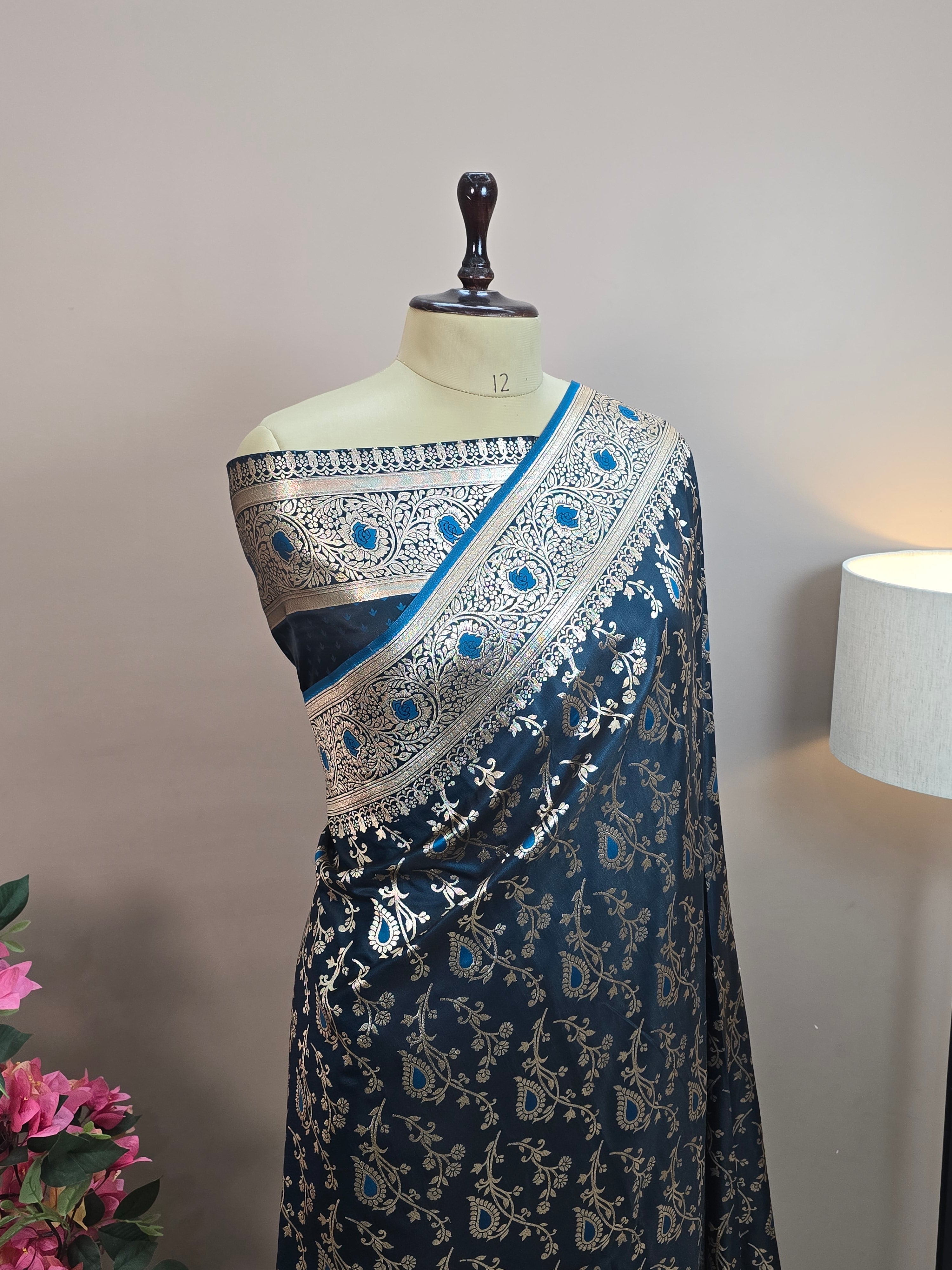 Satin Malai Katan Banarasi Saree – Meenakari Booti Jaal with Rose Gold Zari