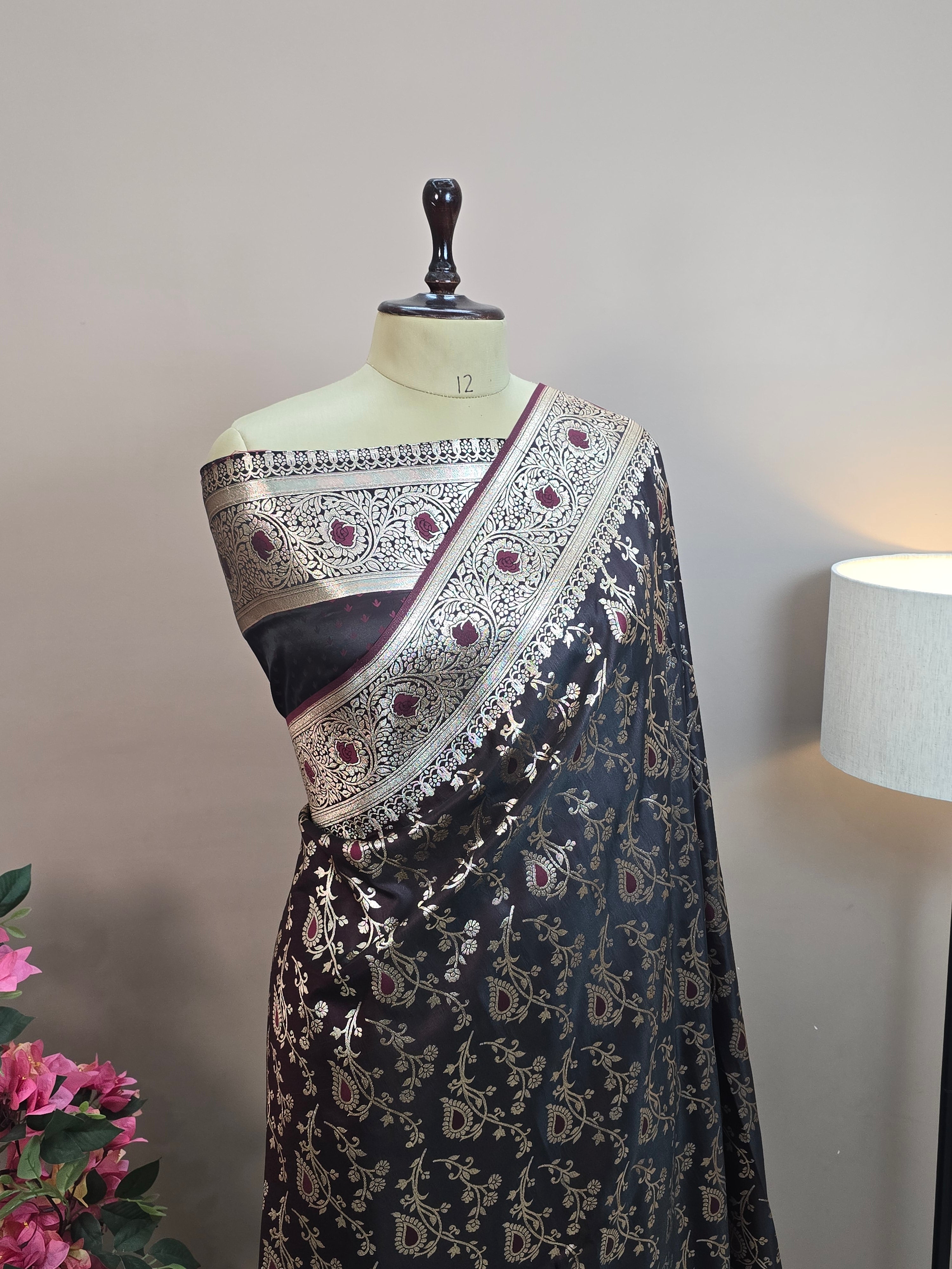 Satin Malai Katan Banarasi Saree – Meenakari Booti Jaal with Rose Gold Zari