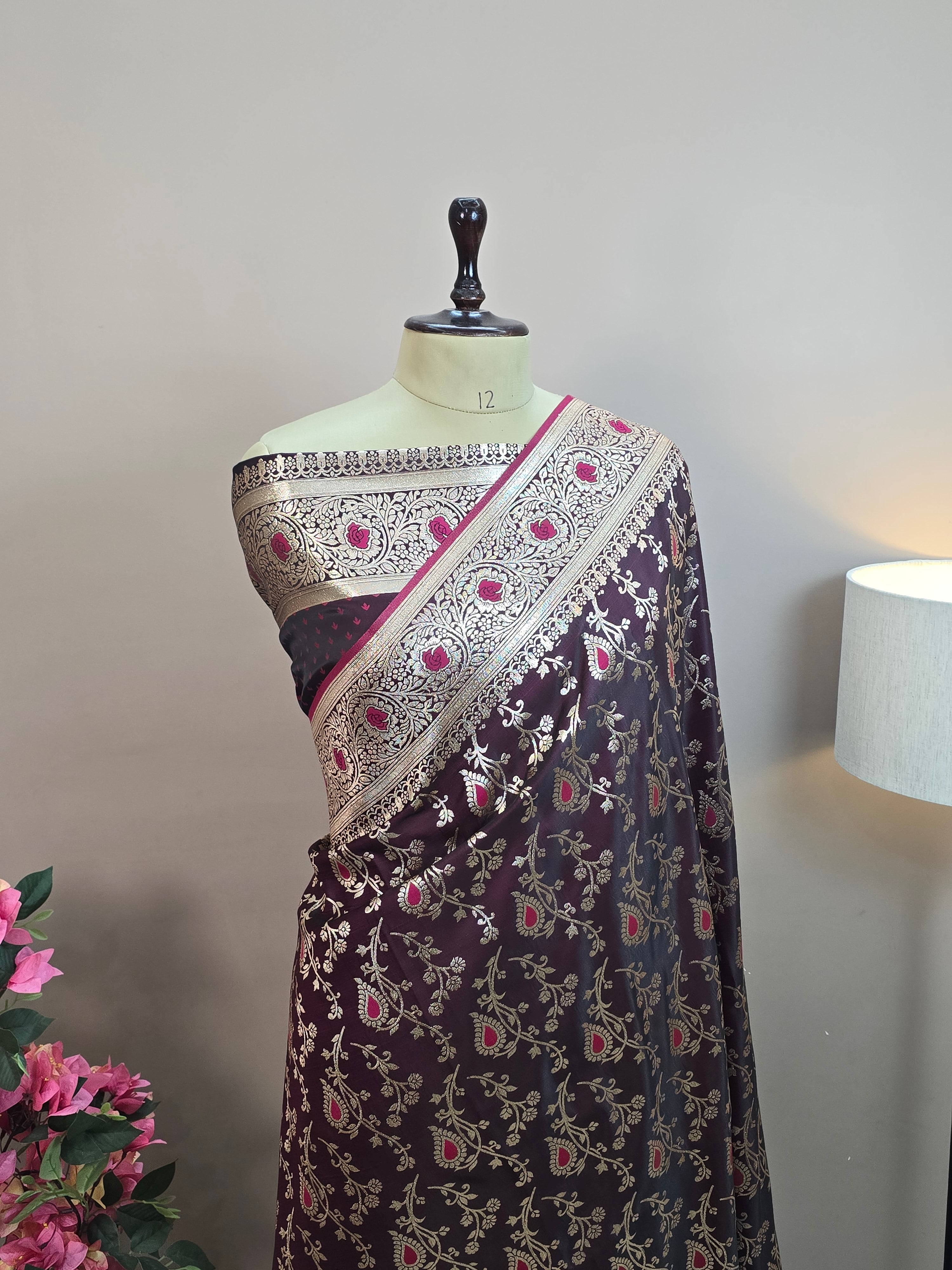 Satin Malai Katan Banarasi Saree – Meenakari Booti Jaal with Rose Gold Zari
