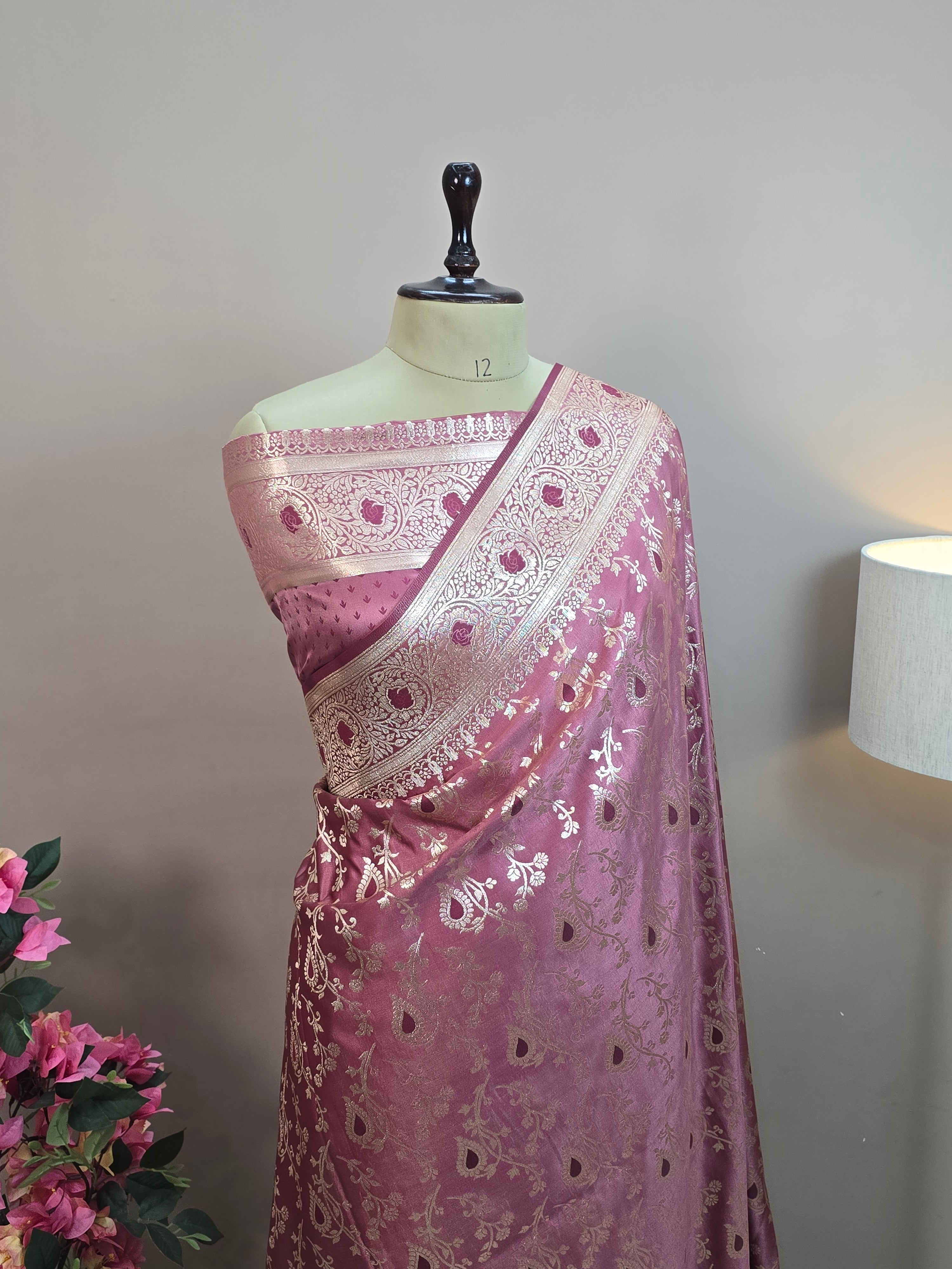 Satin Malai Katan Banarasi Saree – Meenakari Booti Jaal with Rose Gold Zari