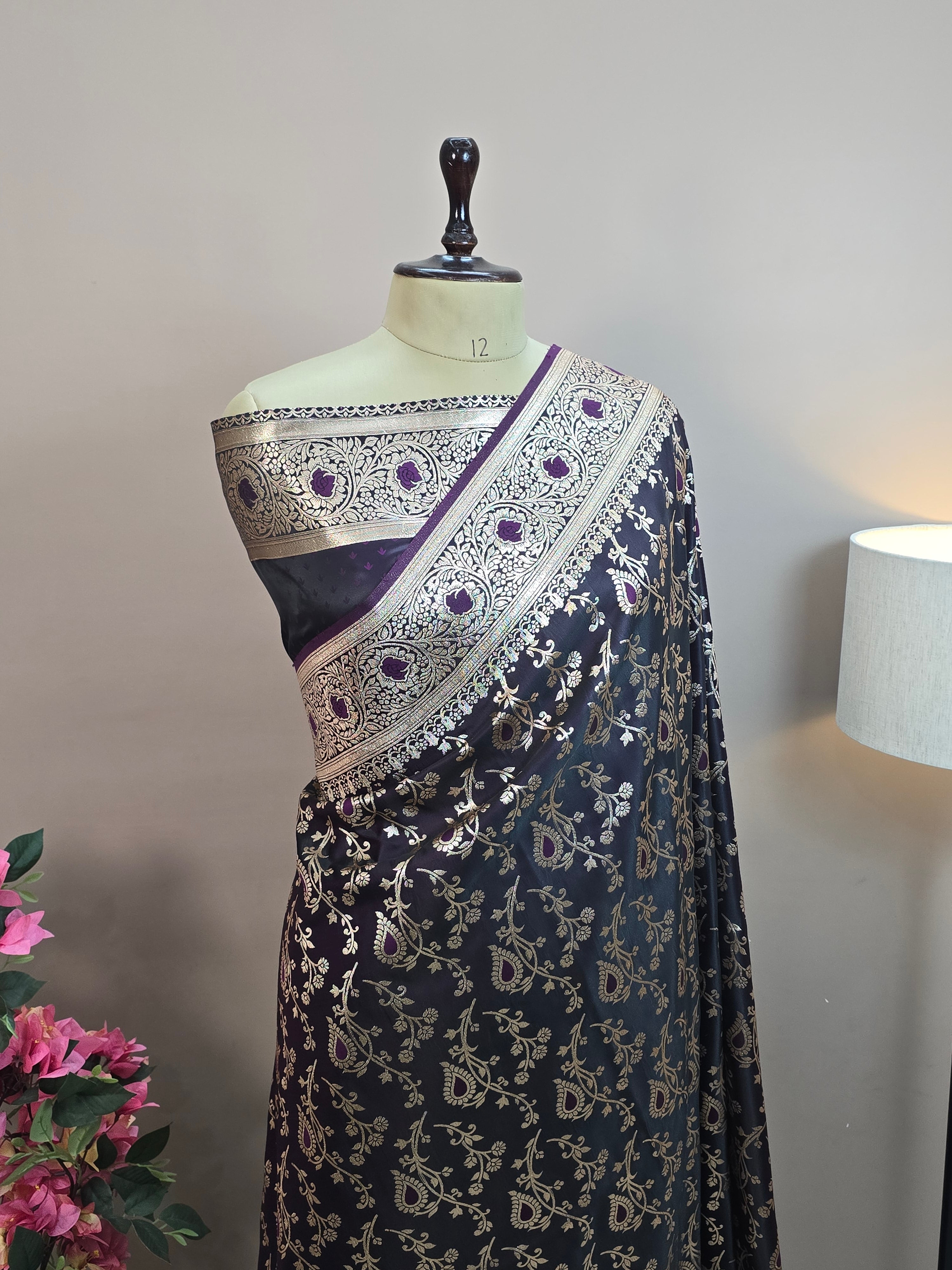 Satin Malai Katan Banarasi Saree – Meenakari Booti Jaal with Rose Gold Zari