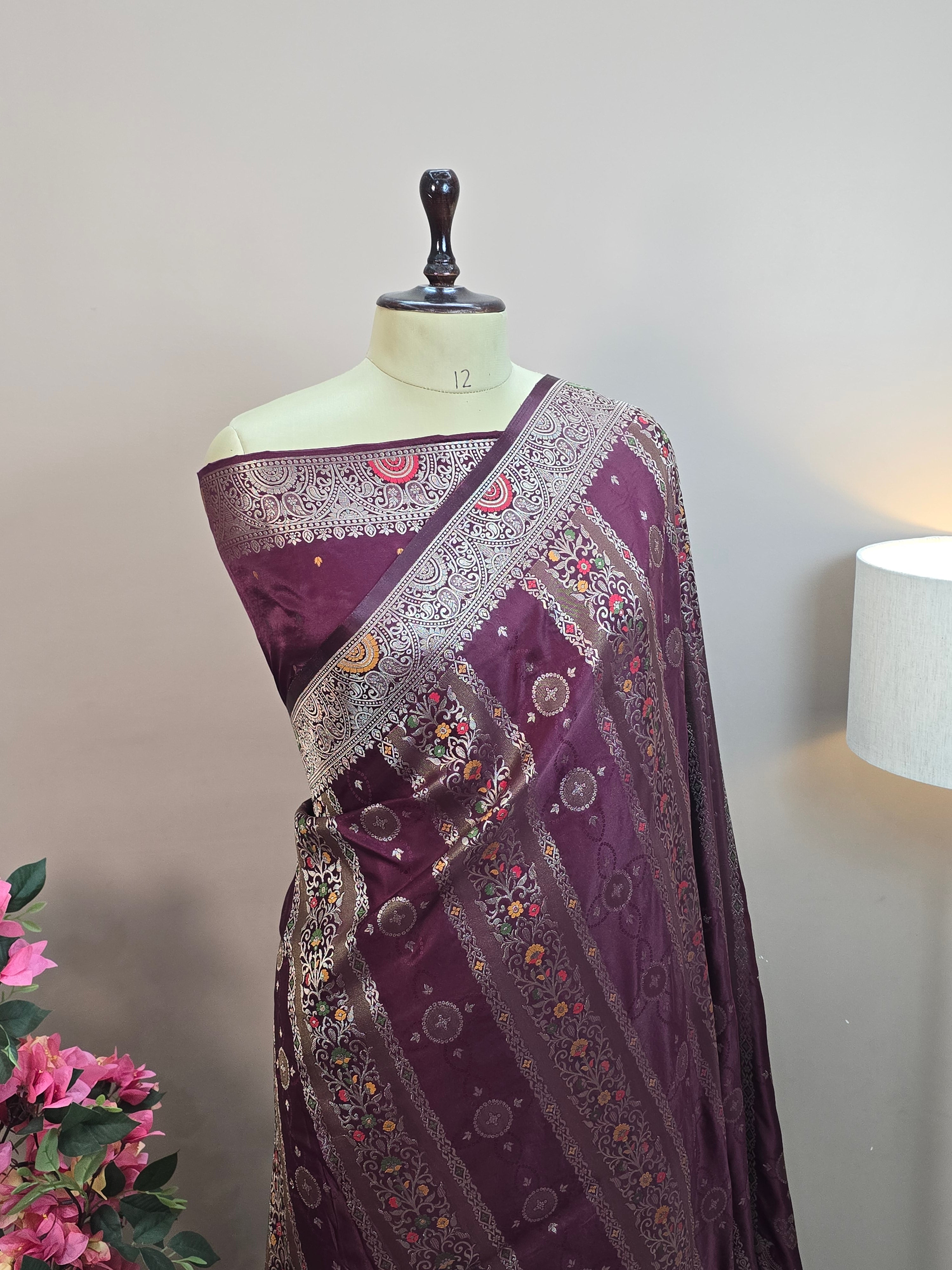 Satin Mashru Silk Tilfi Banarasi Saree with Meenakari Floral Stripe Jaal