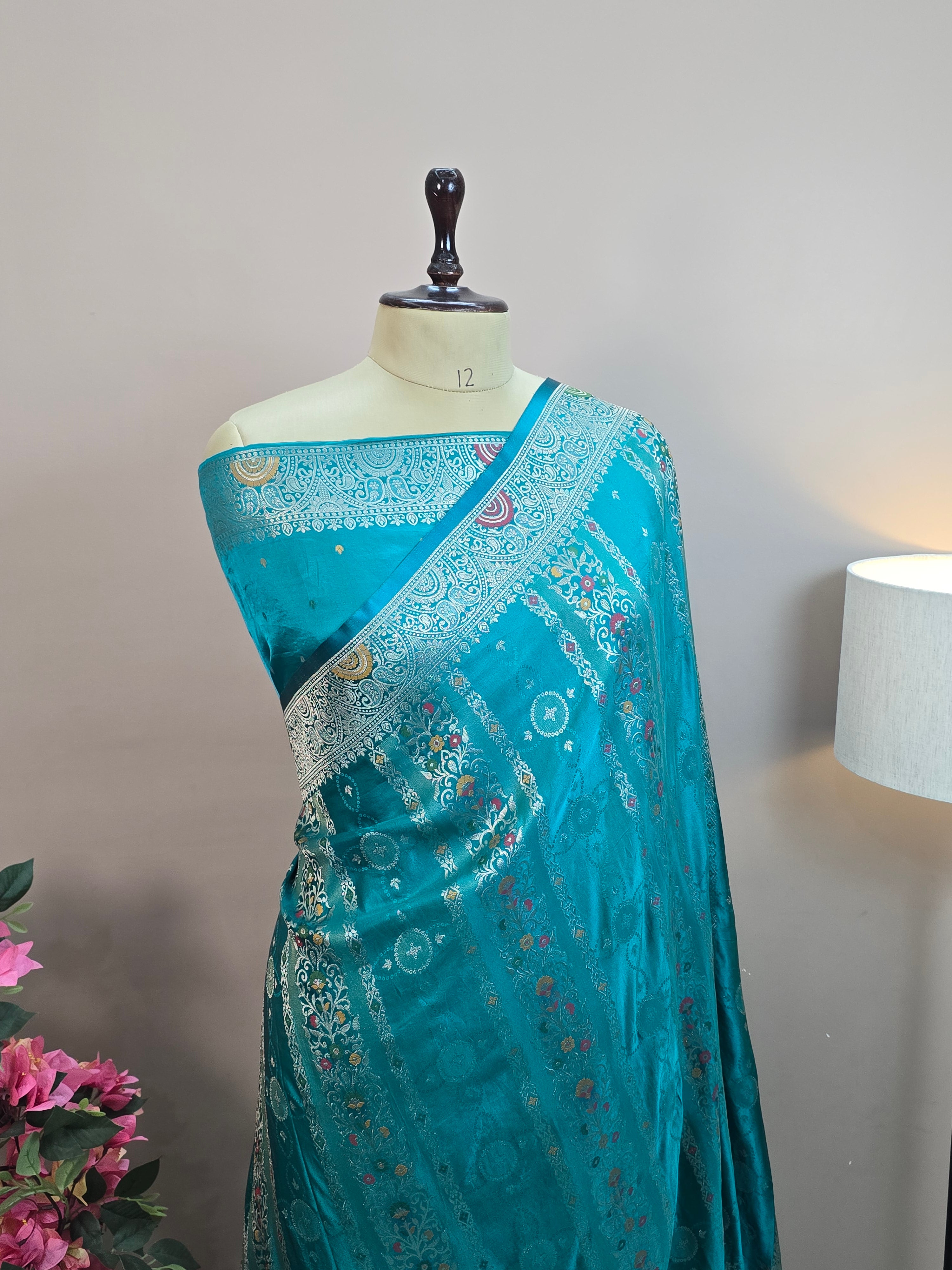 Satin Mashru Silk Tilfi Banarasi Saree with Meenakari Floral Stripe Jaal