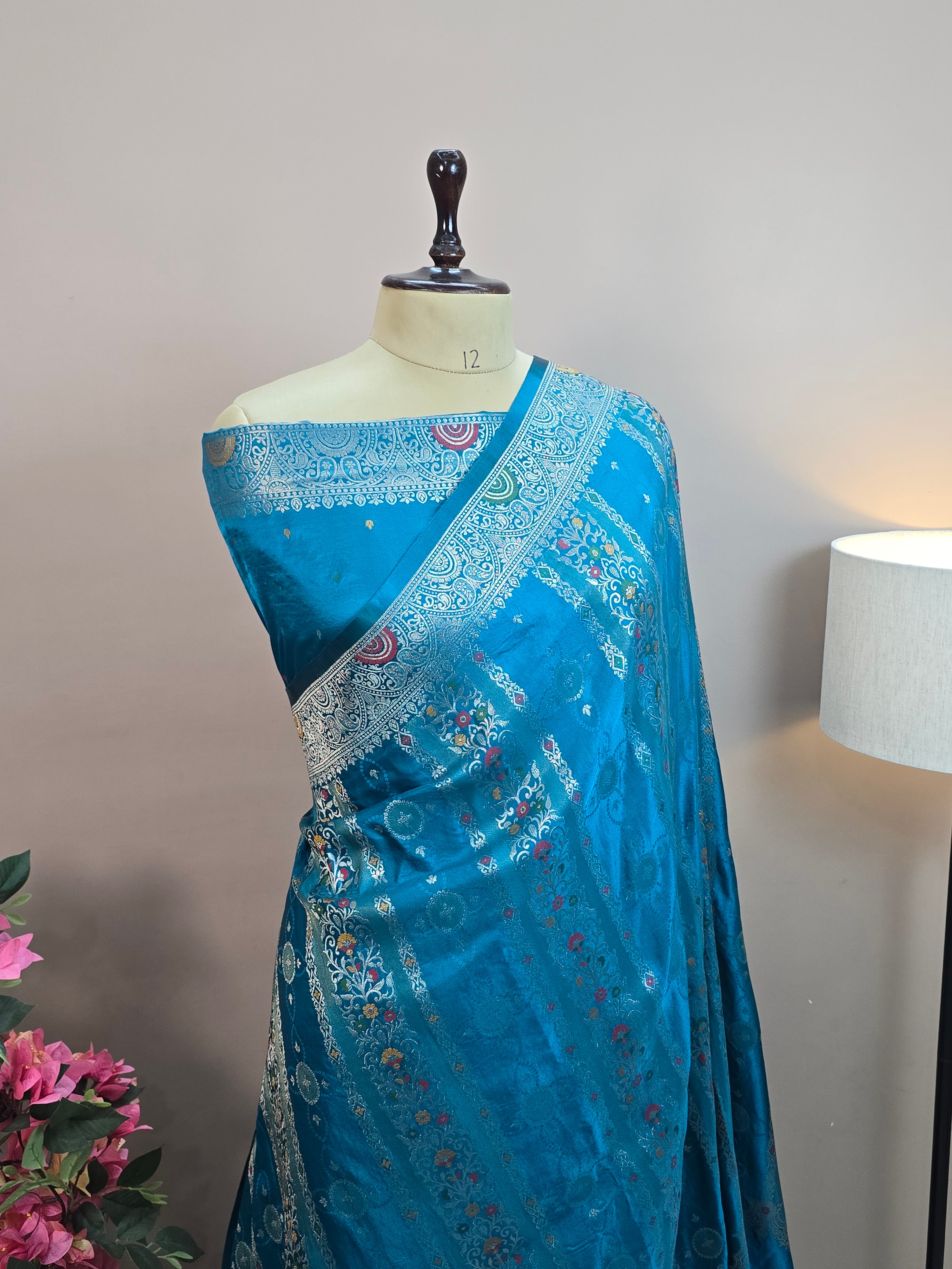 Satin Mashru Silk Tilfi Banarasi Saree with Meenakari Floral Stripe Jaal