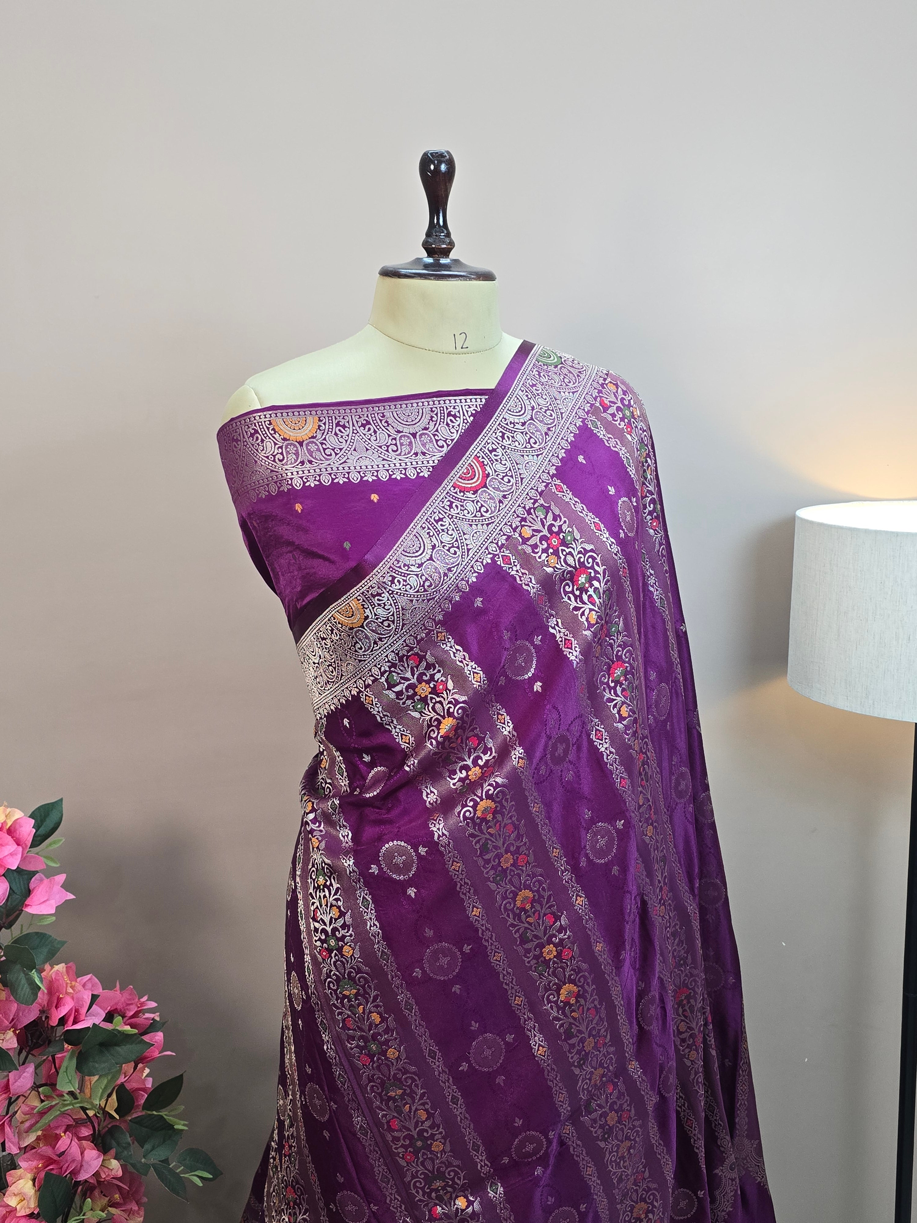 Satin Mashru Silk Tilfi Banarasi Saree with Meenakari Floral Stripe Jaal