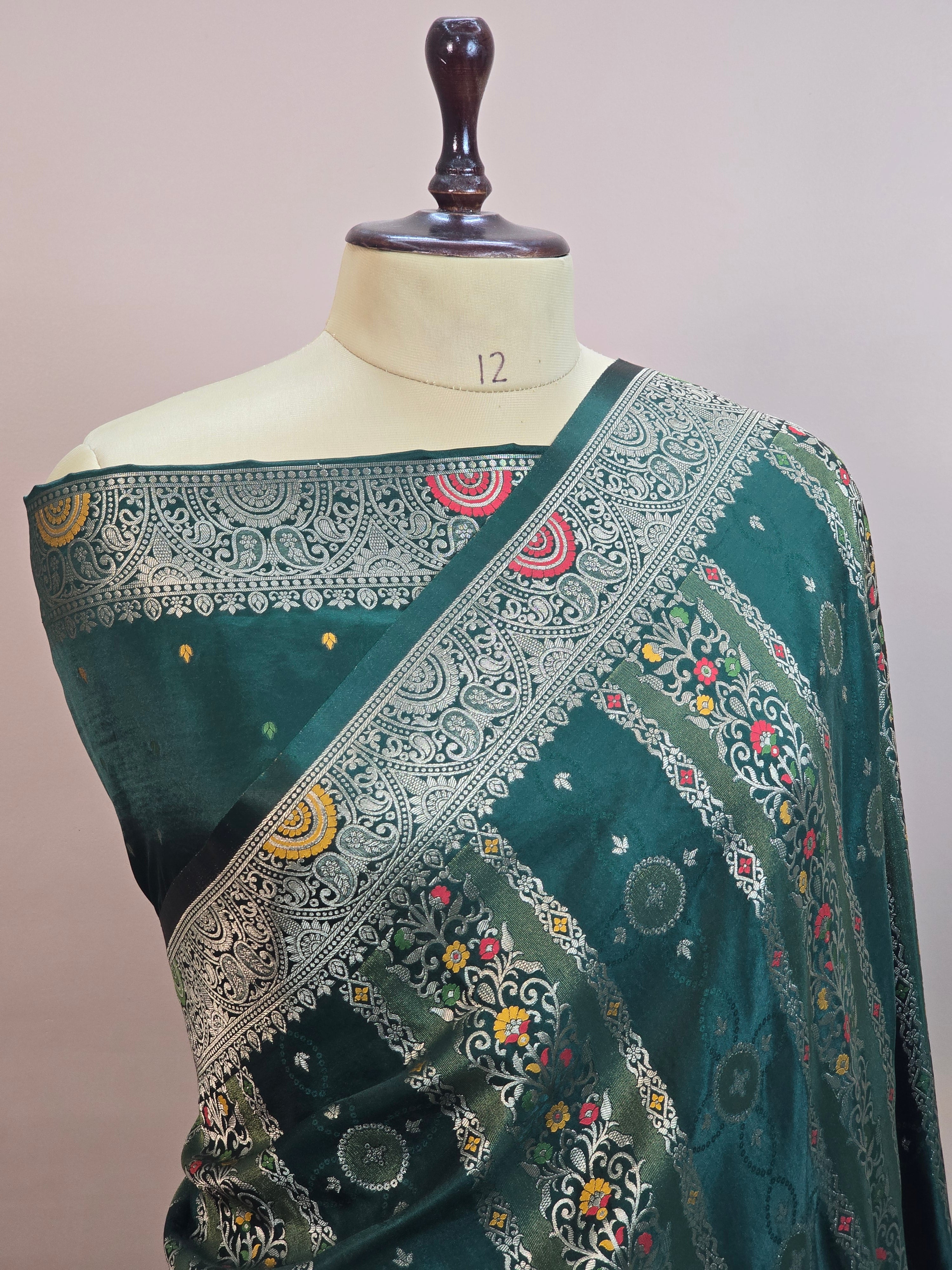 Satin Mashru Silk Tilfi Banarasi Saree with Meenakari Floral Stripe Jaal