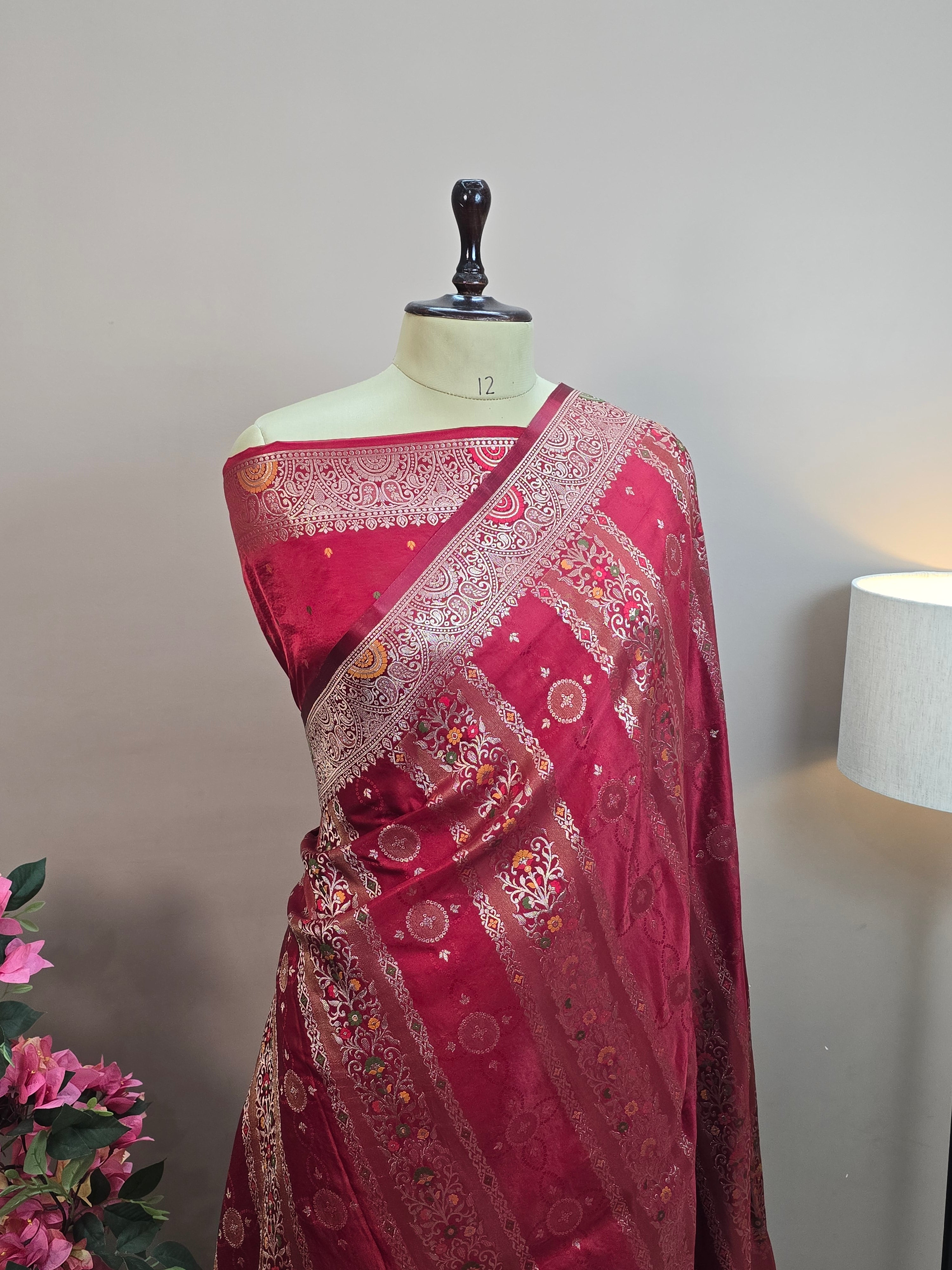 Satin Mashru Silk Tilfi Banarasi Saree with Meenakari Floral Stripe Jaal