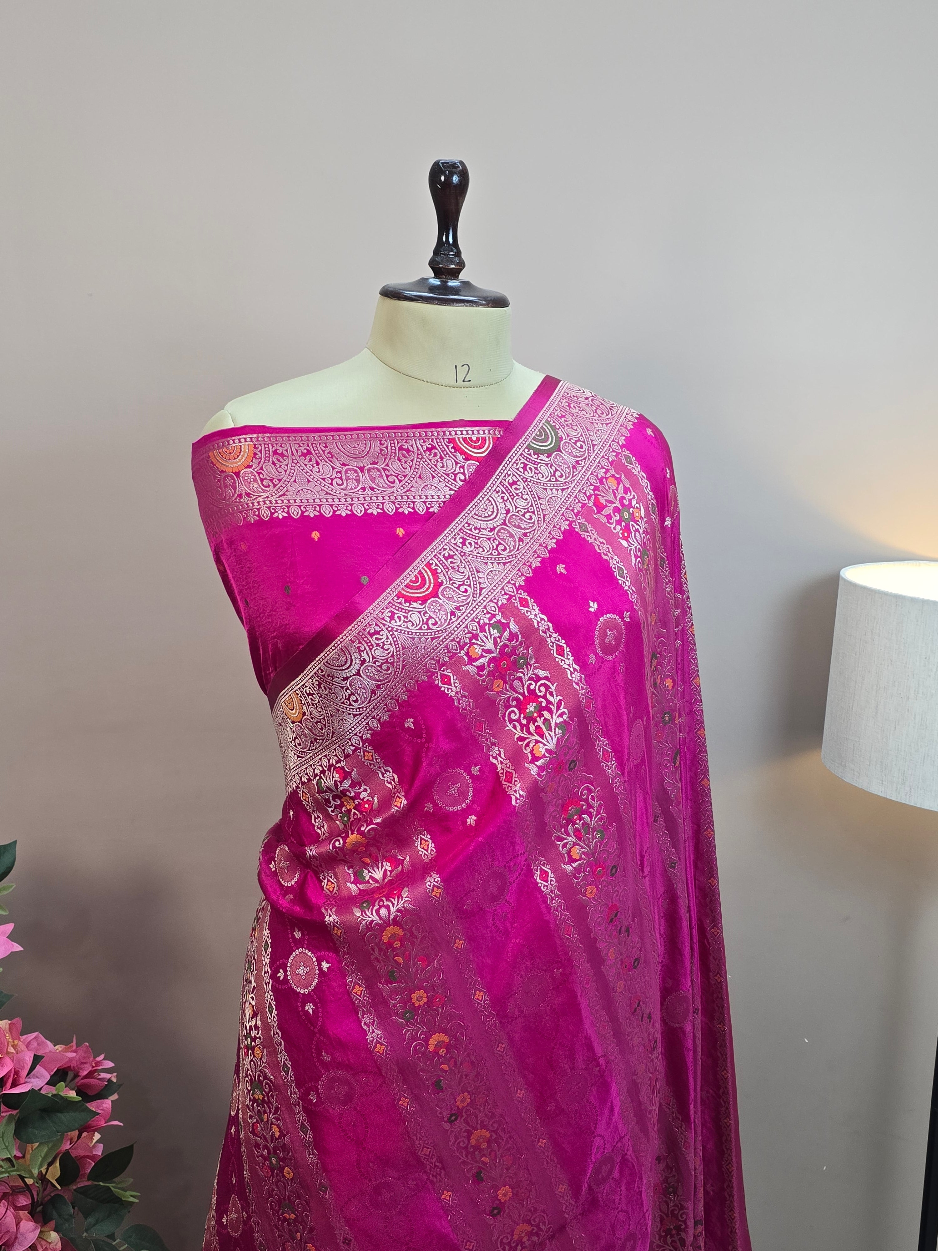 Satin Mashru Silk Tilfi Banarasi Saree with Meenakari Floral Stripe Jaal