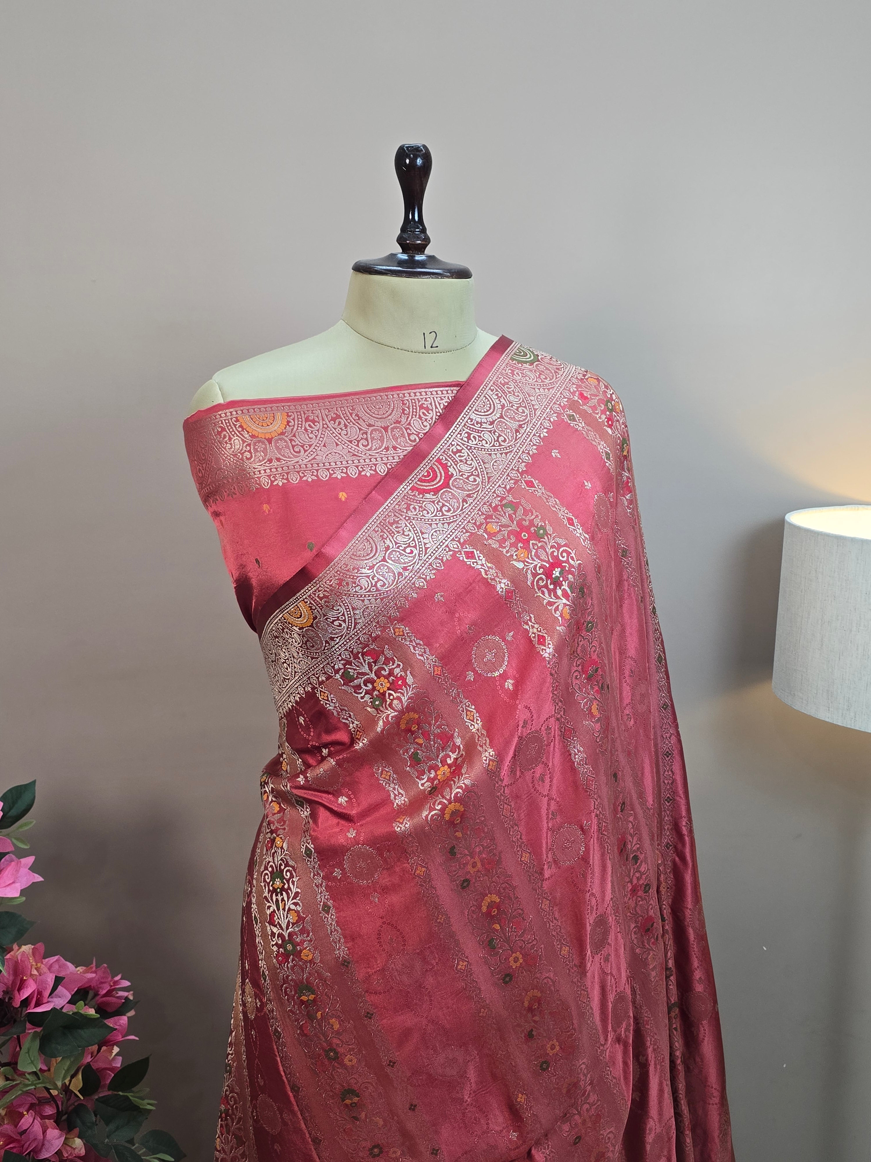 Satin Mashru Silk Tilfi Banarasi Saree with Meenakari Floral Stripe Jaal