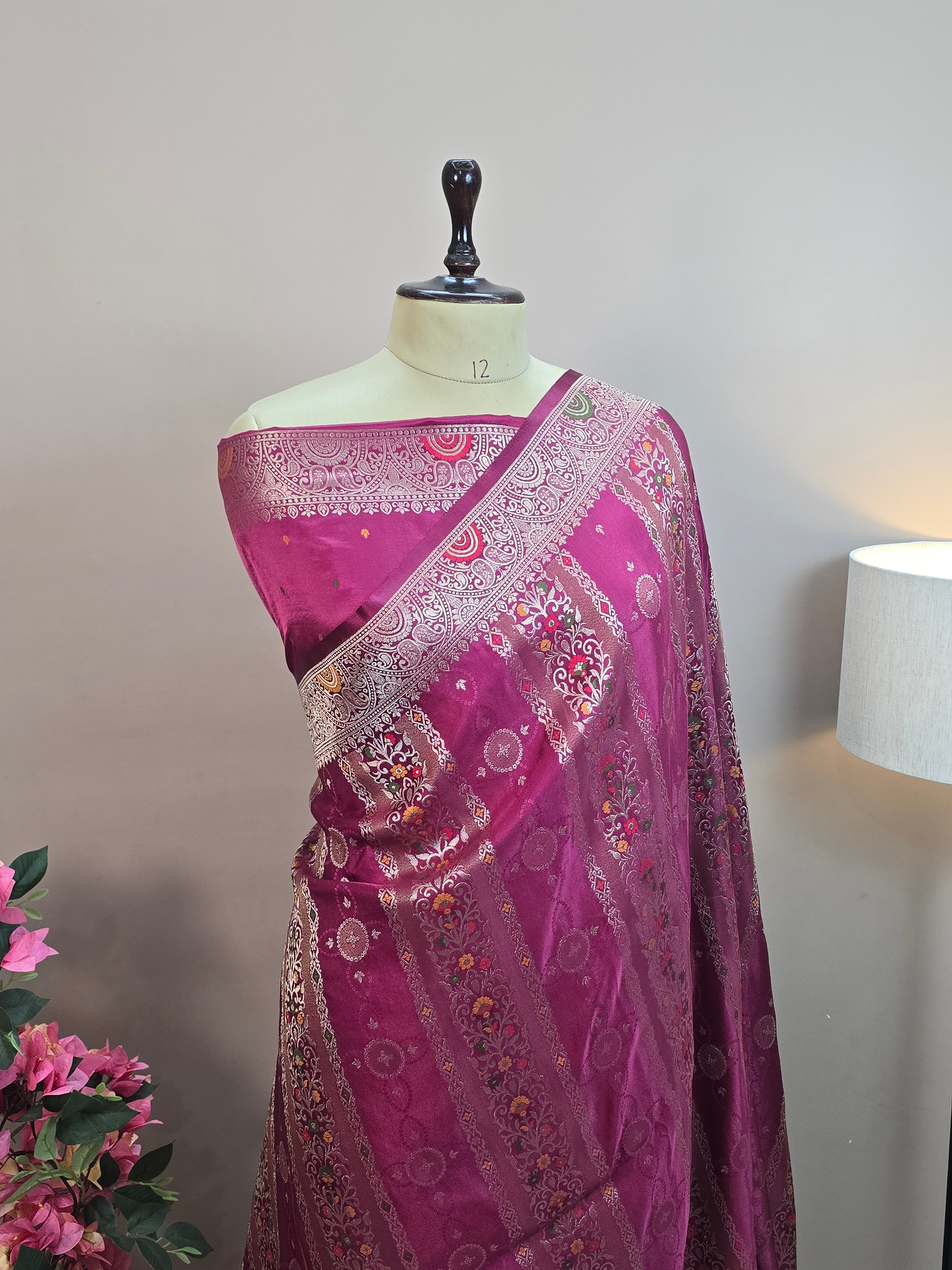 Satin Mashru Silk Tilfi Banarasi Saree with Meenakari Floral Stripe Jaal