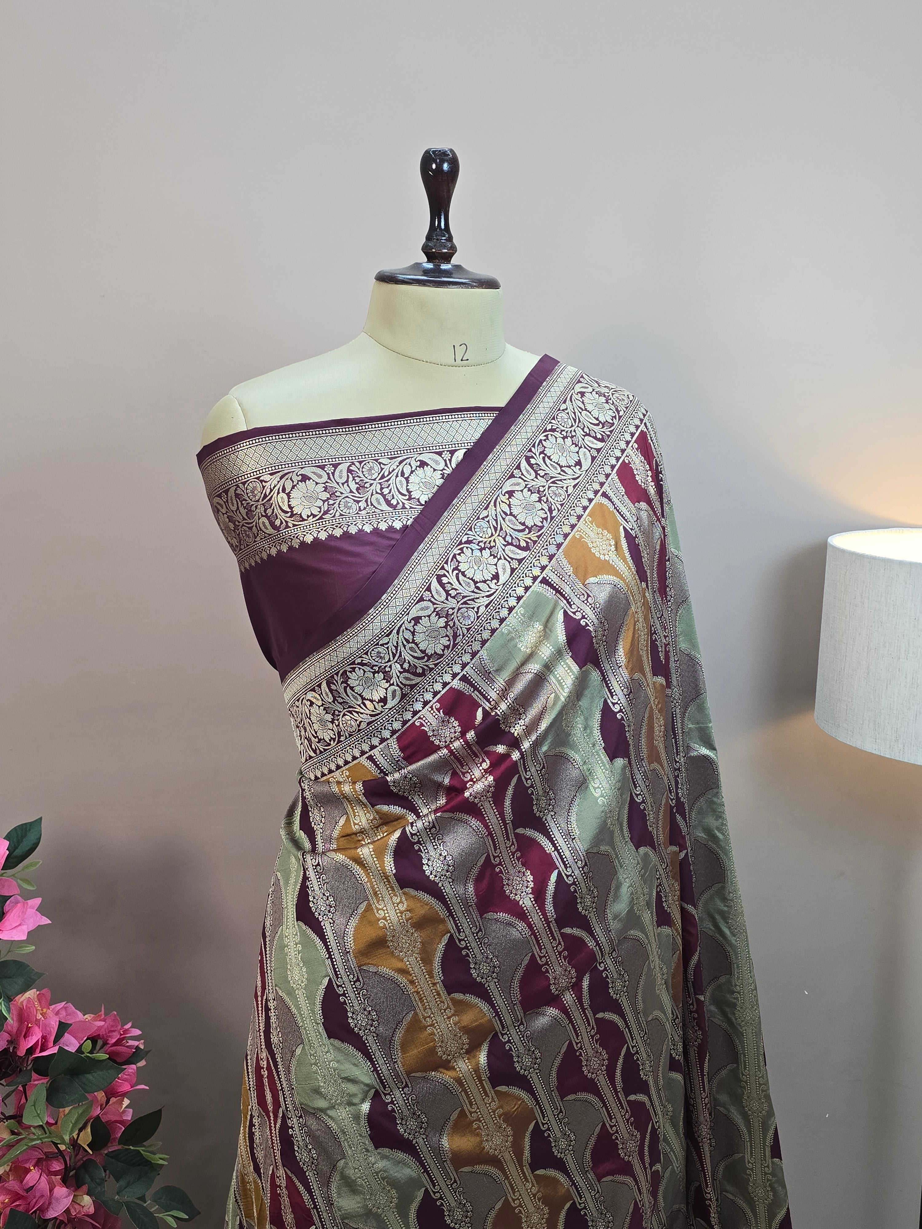 Pauri Katan Silk Rangkaat Banarasi Saree – Multicolor Weave with Floral Jaal Border