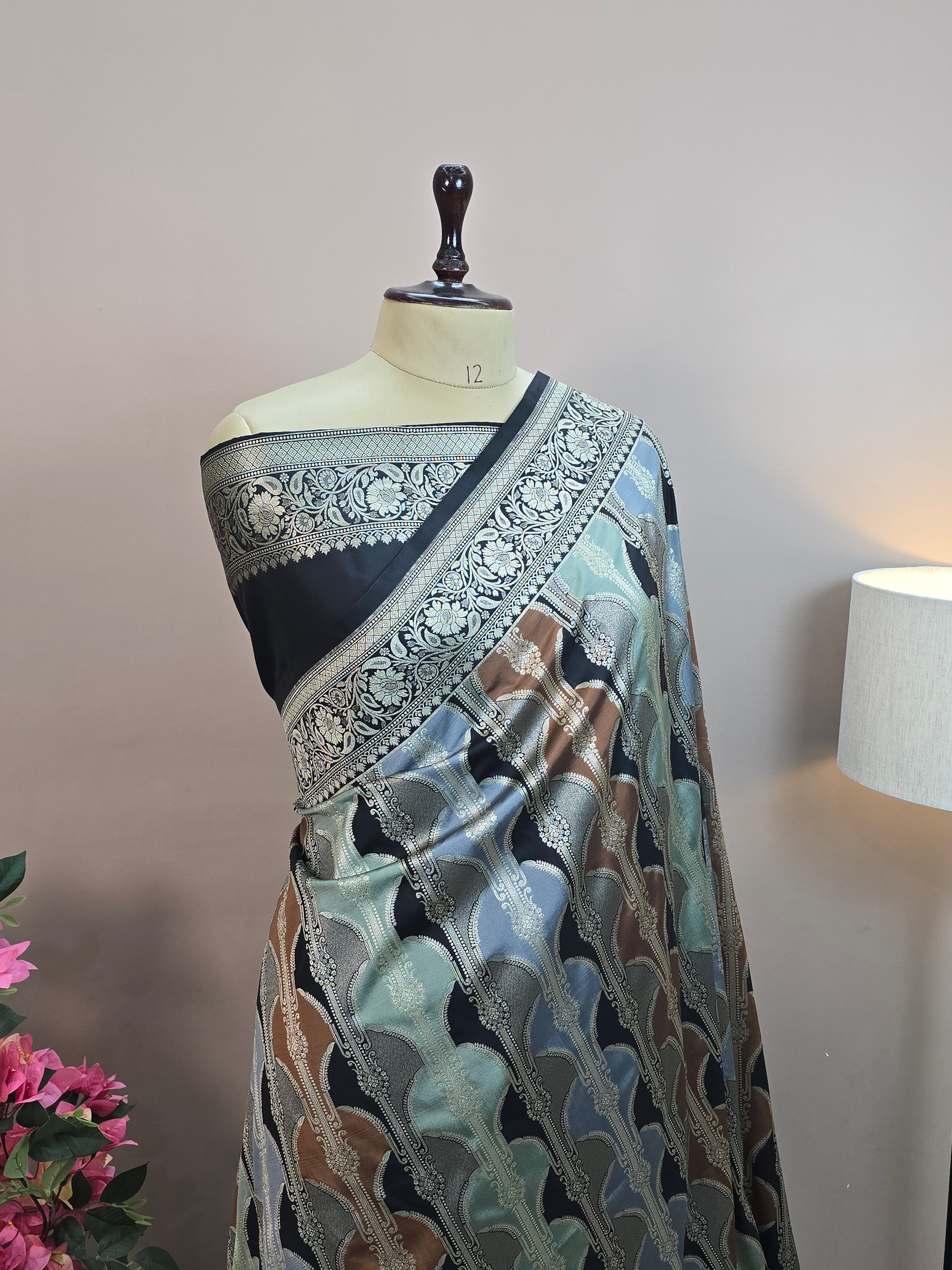 Pauri Katan Silk Rangkaat Banarasi Saree – Multicolor Weave with Floral Jaal Border